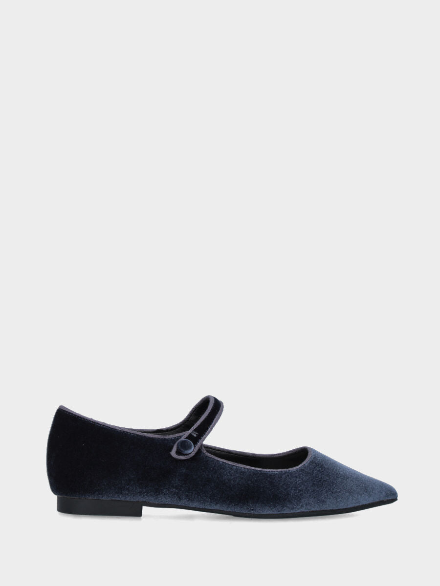 Ballerina Mary Jane in velluto blu con cinturino