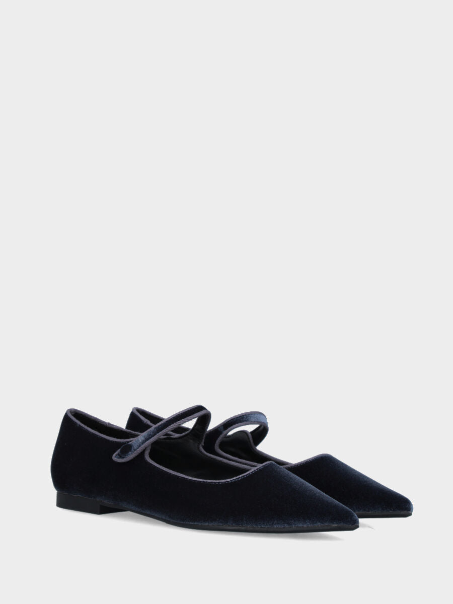 Ballerina Mary Jane in velluto blu con cinturino