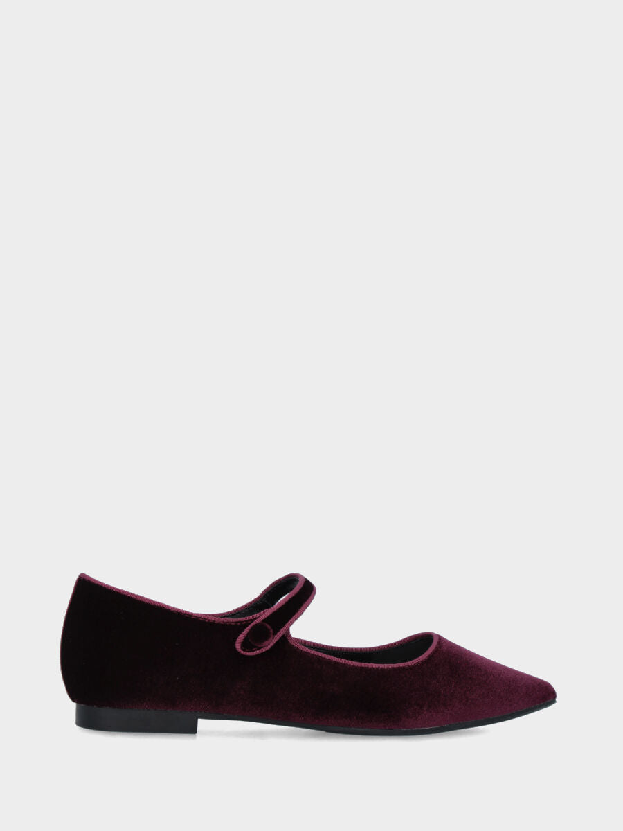 Ballerina Mary Jane in velluto bordeaux con cinturino