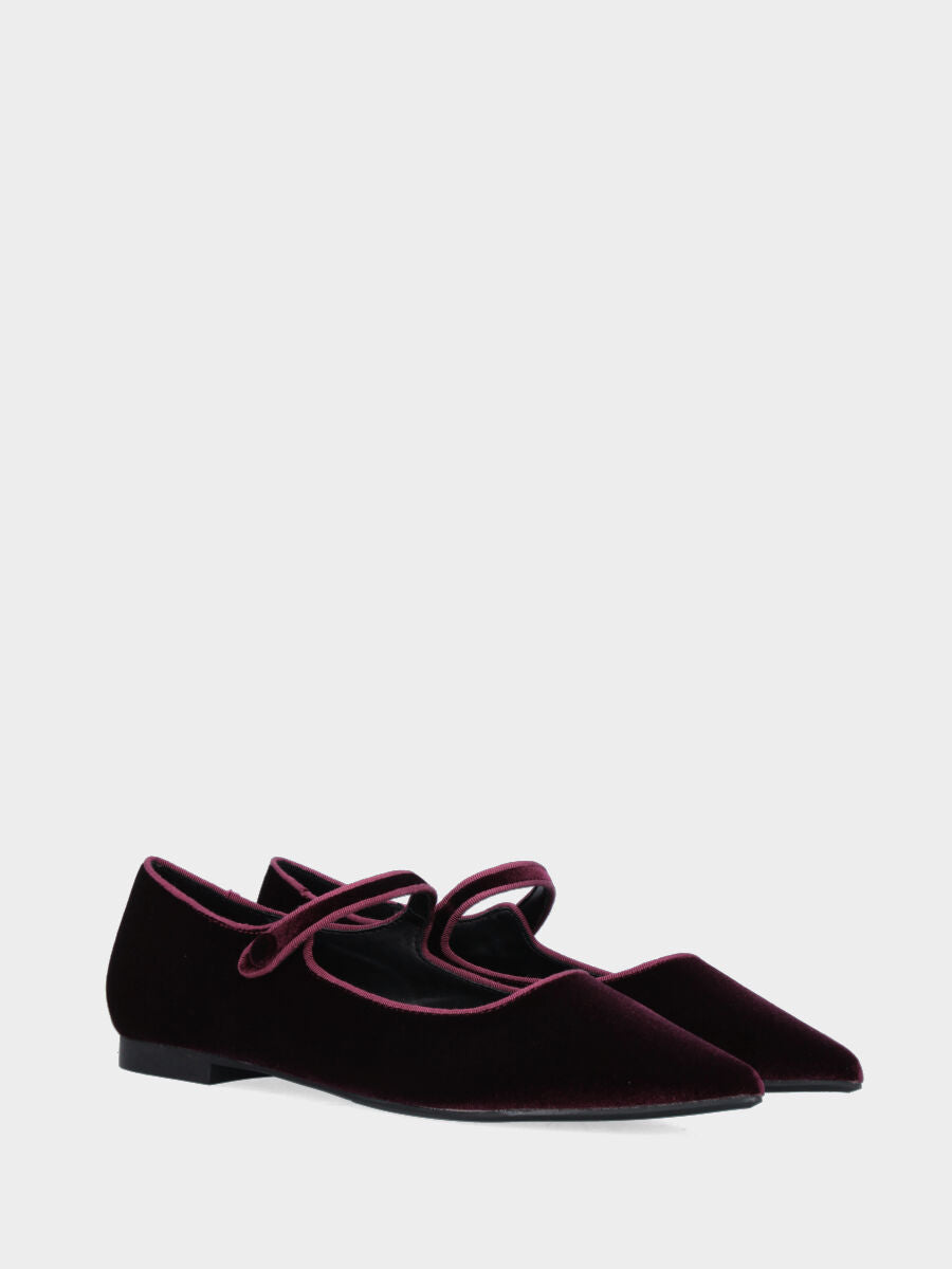Ballerina Mary Jane in velluto bordeaux con cinturino