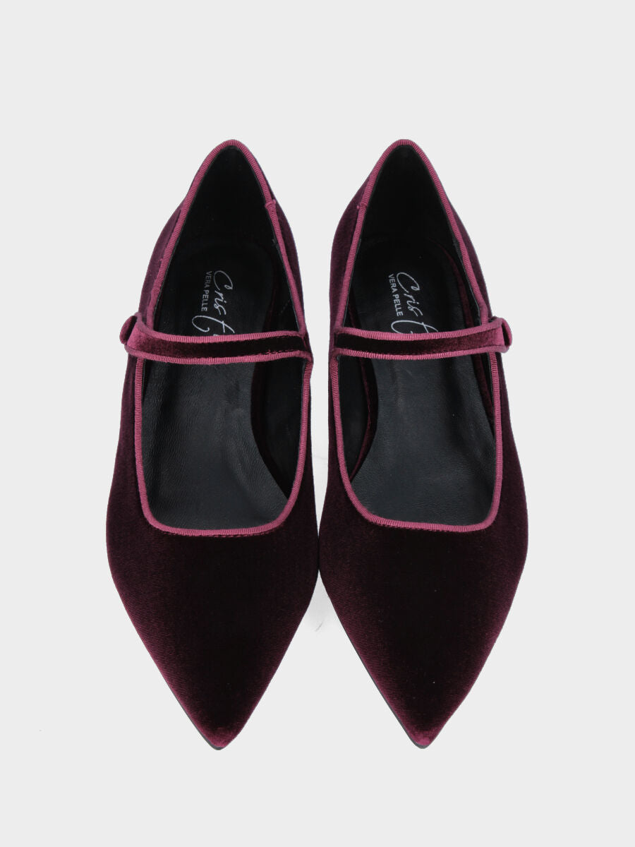 Ballerina Mary Jane in velluto bordeaux con cinturino