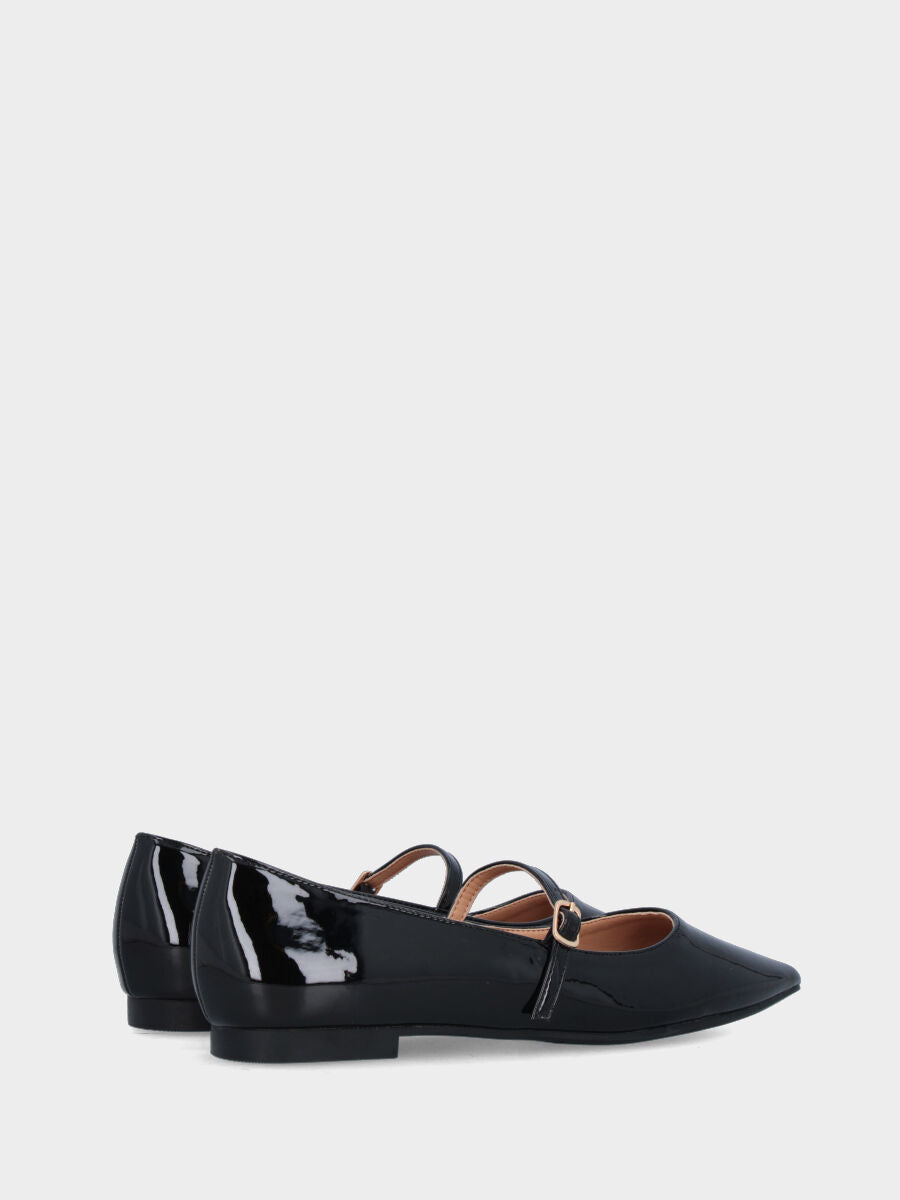 Ballerina Mary Jane in vernice nera con cinturino e punta sfilata
