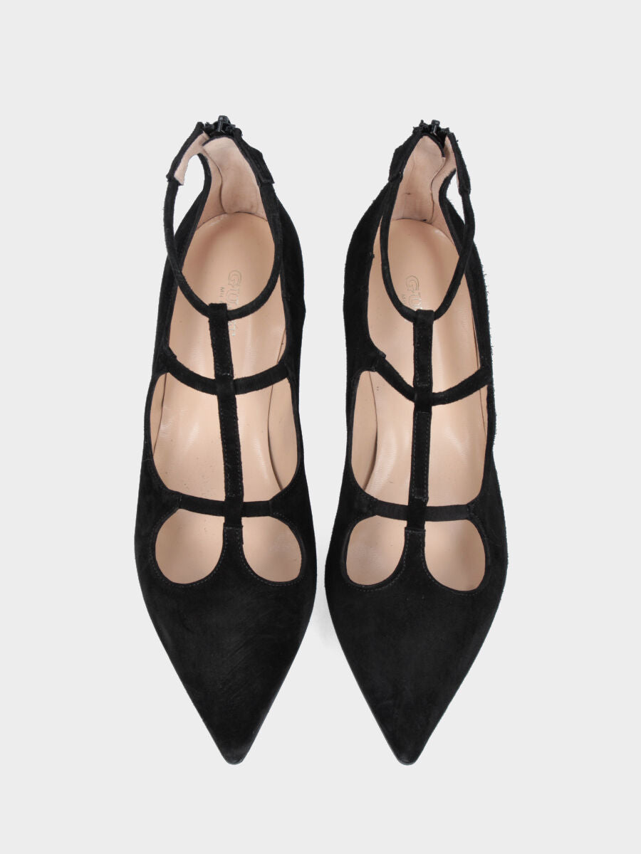 Décolleté in camoscio nero con scollo a onde e fascette elasticizzate