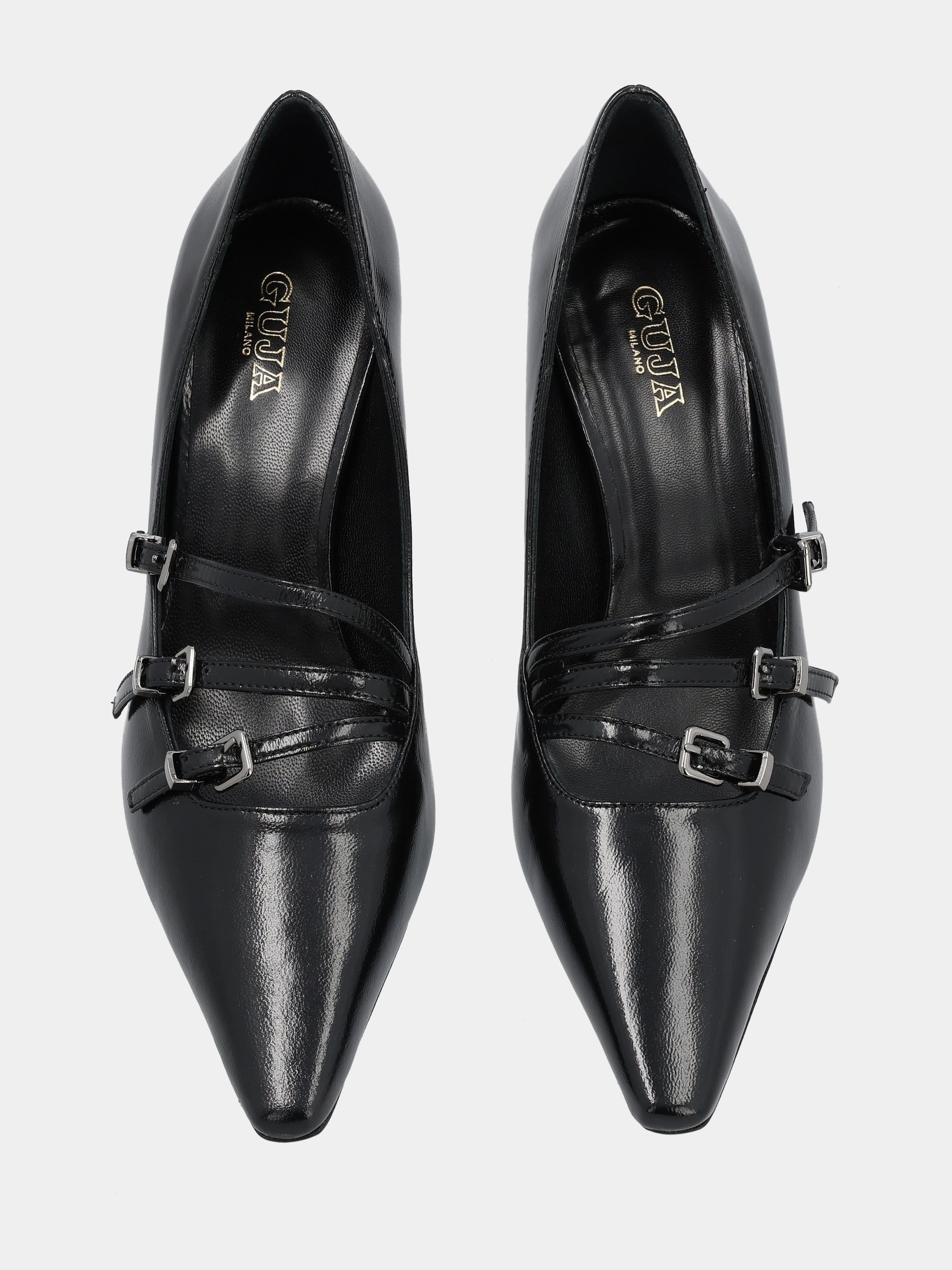 Escarpins en verni miroir noir avec trois brides et talon en forme de calice