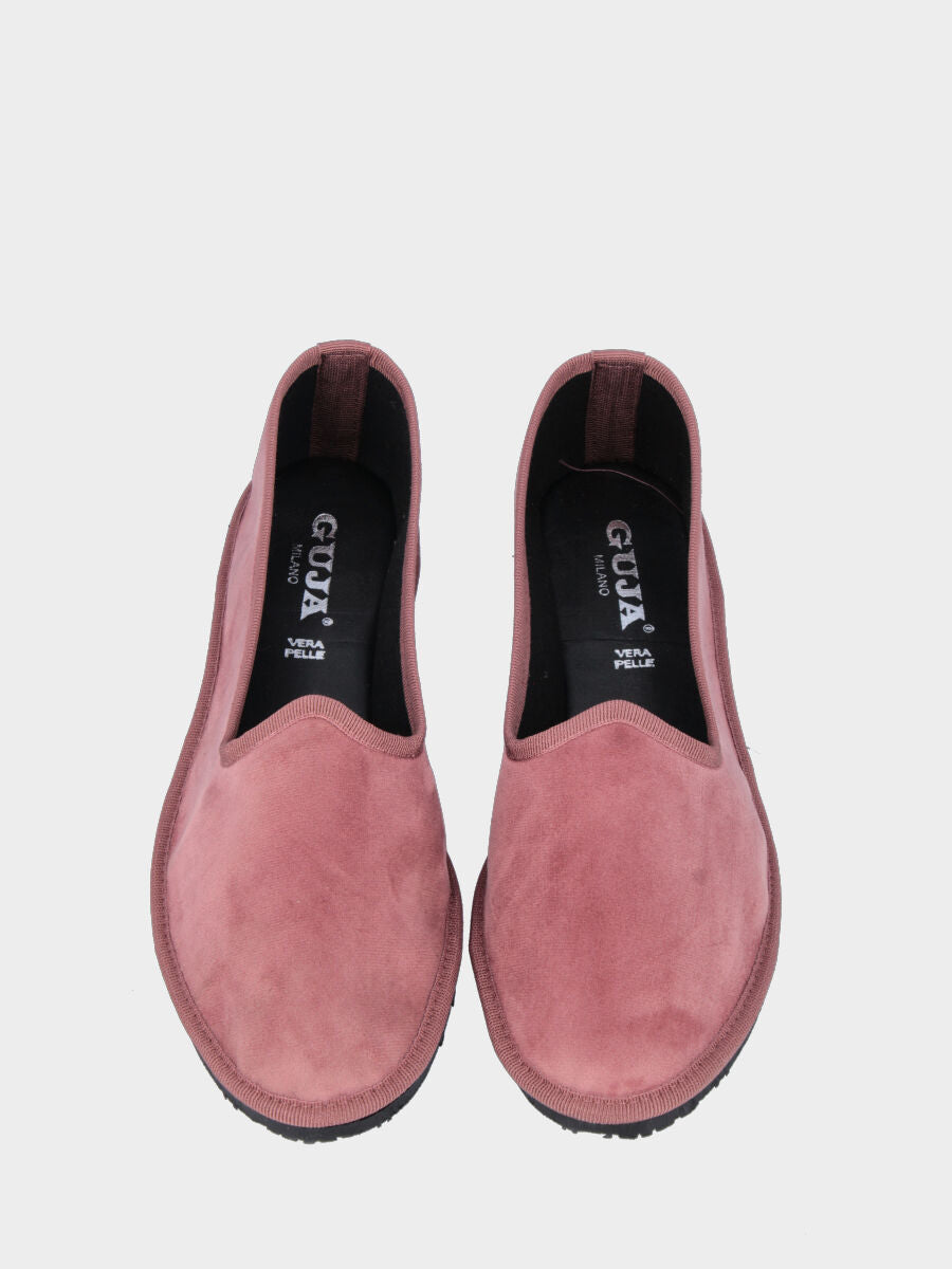 Friulana in velluto liscio rosa cipria con punta tonda e suola in gomma