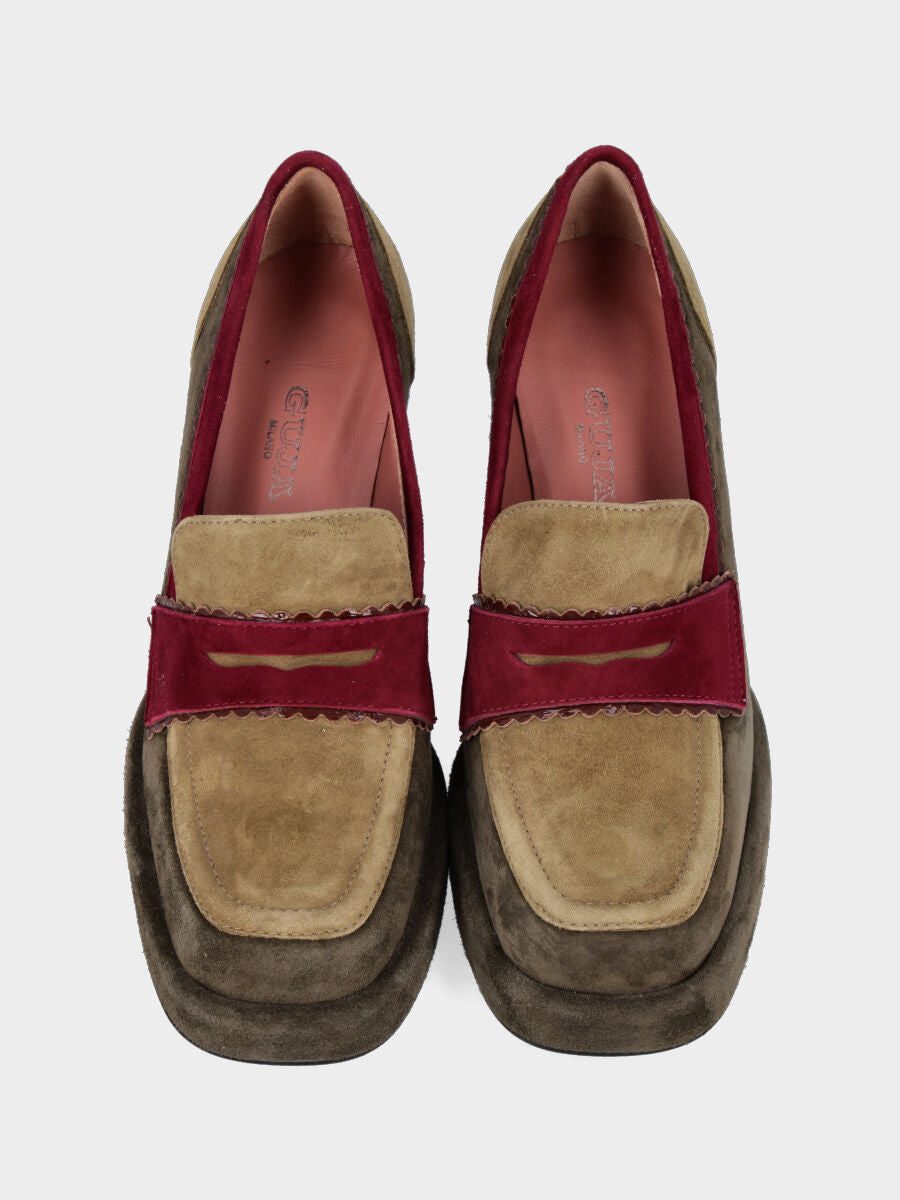 Mocassino in camoscio multicolor con tacco fantasia e plateau