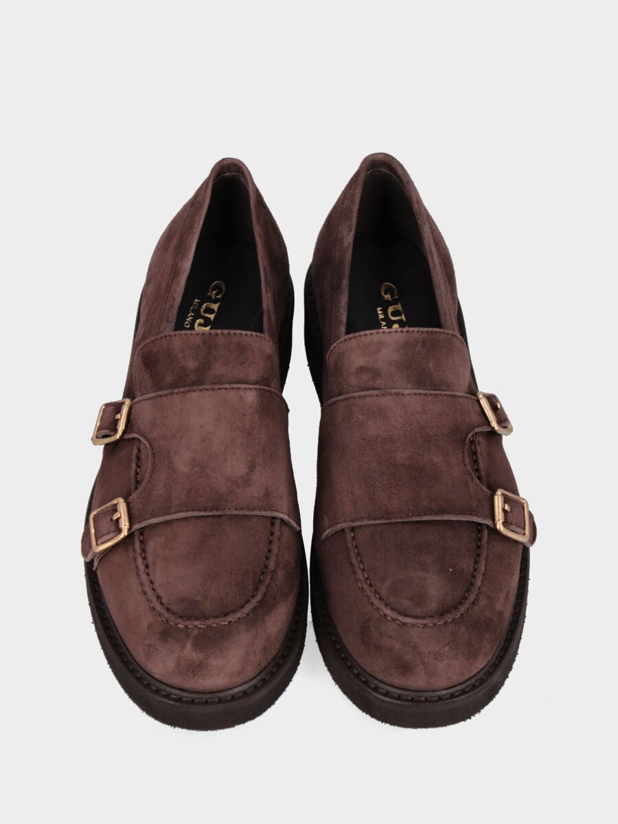 Mocassino in velour testa di moro con doppia fibbia e vaschetta cucita