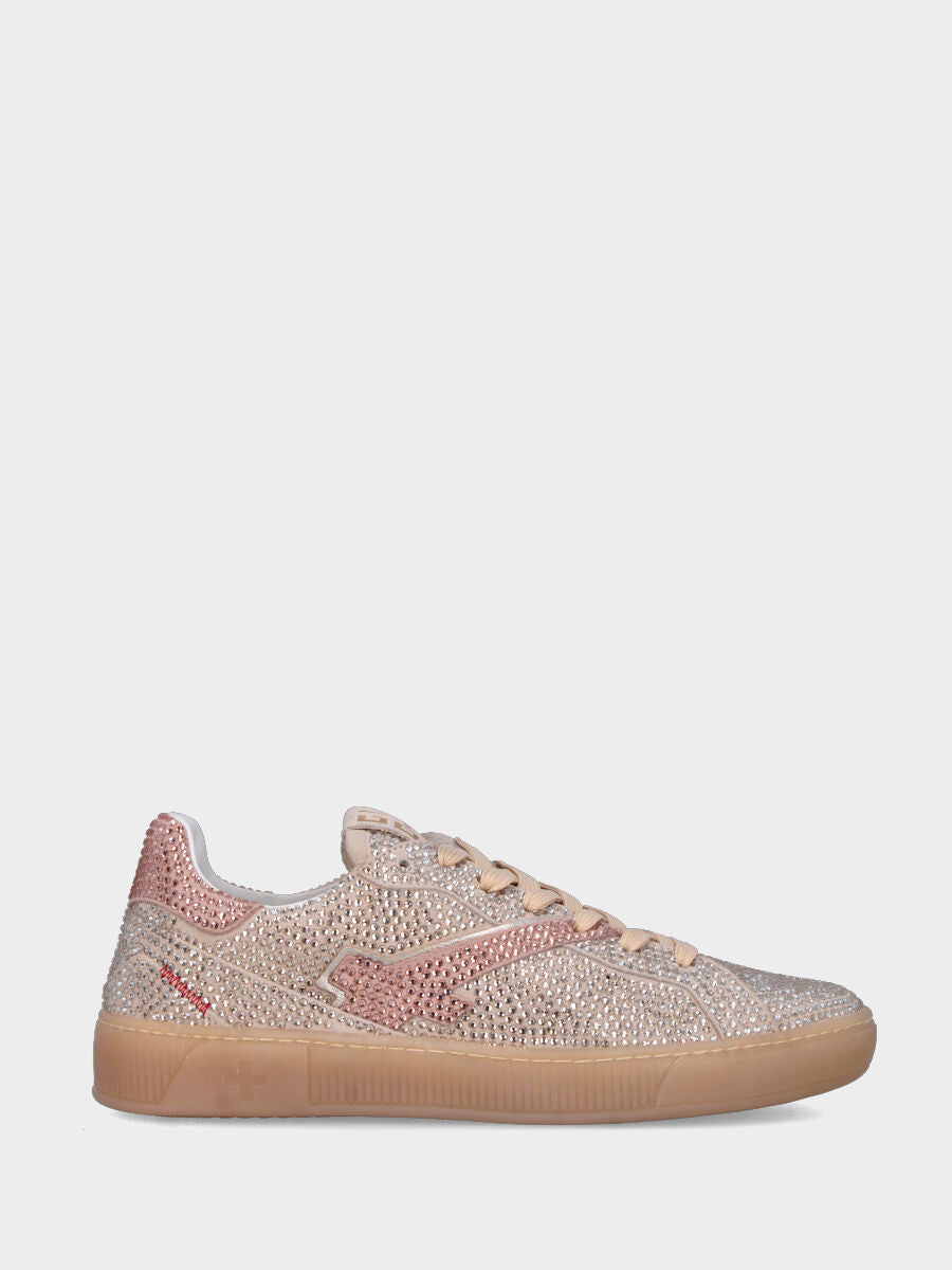 Sneaker in camoscio con multistrass platino e suola in gomma