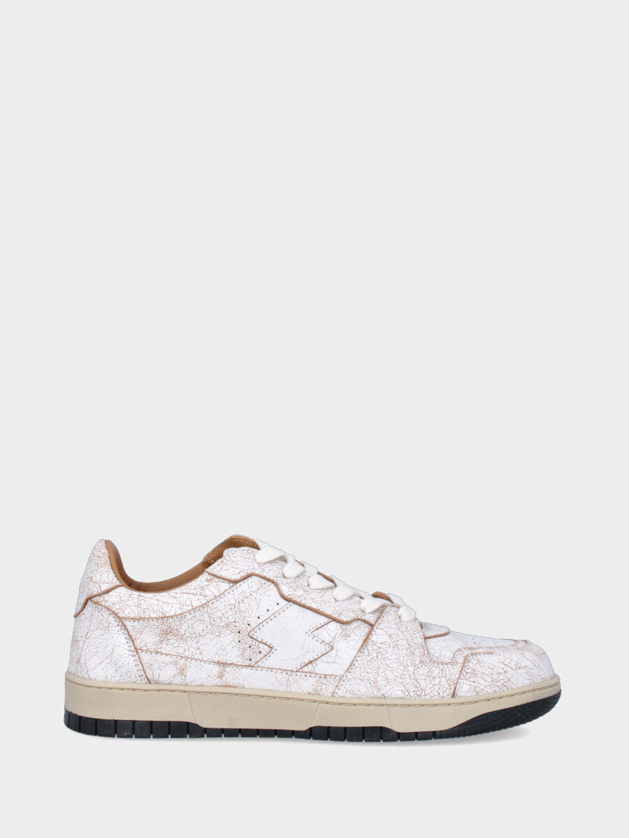 Sneaker in vitello bianco e sabbia con punta tonda e suola cucita