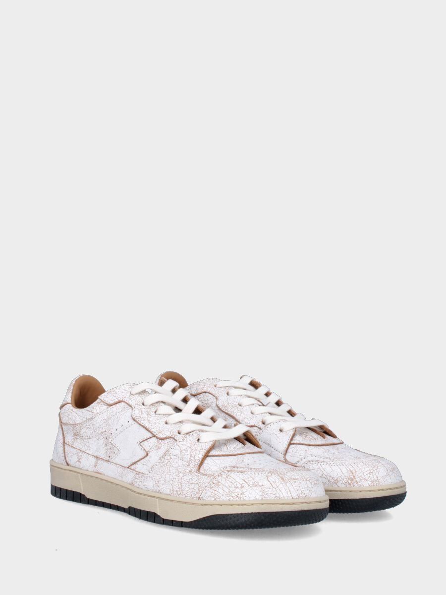 Sneaker in vitello bianco e sabbia con punta tonda e suola cucita