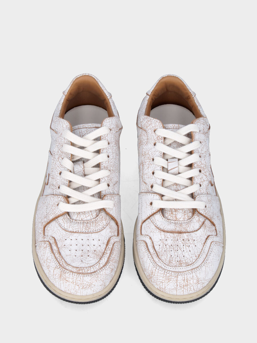 Sneaker in vitello bianco e sabbia con punta tonda e suola cucita