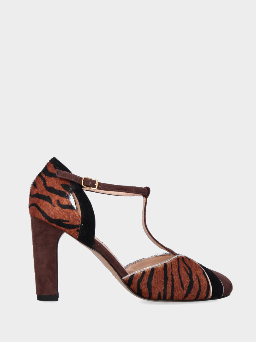 Décolleté T-bar in camoscio tigrato multicolor con tacco largo
