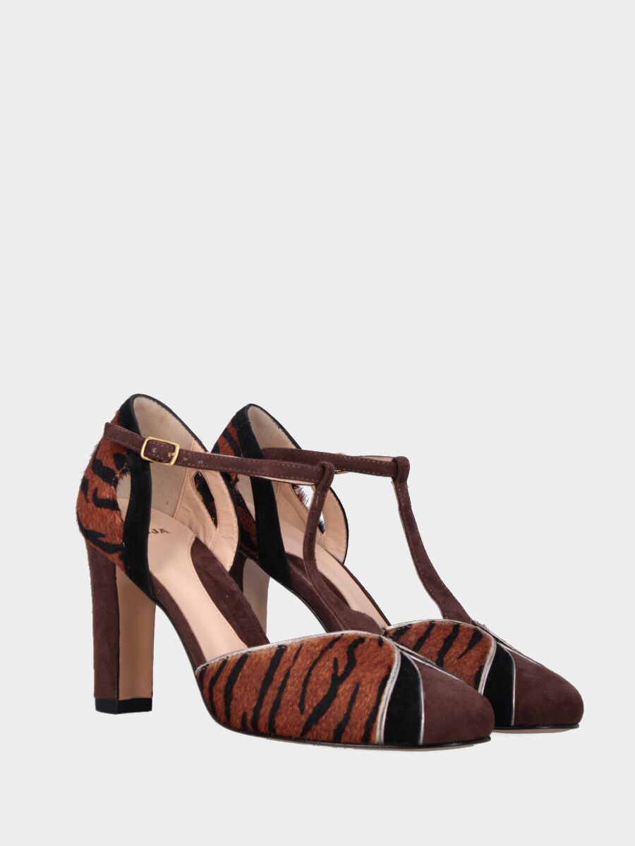 Décolleté T-bar in camoscio tigrato multicolor con tacco largo