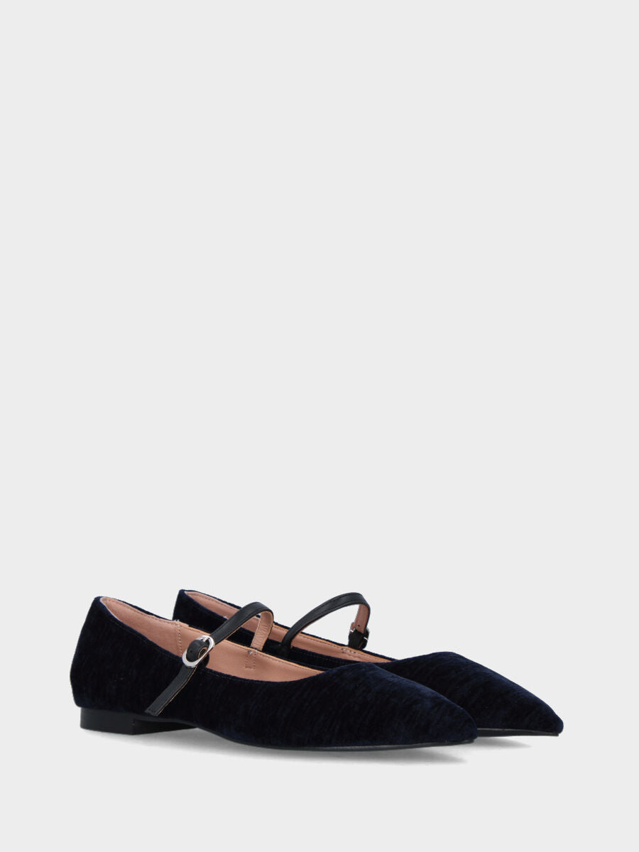 Ballerina Mary Jane in velluto blu con lavorazione a sacchetto
