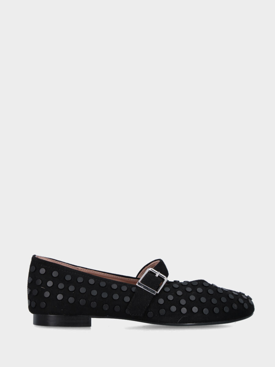 Ballerina Mary Jane in tessuto nero con borchie e scollo a Ypsilon