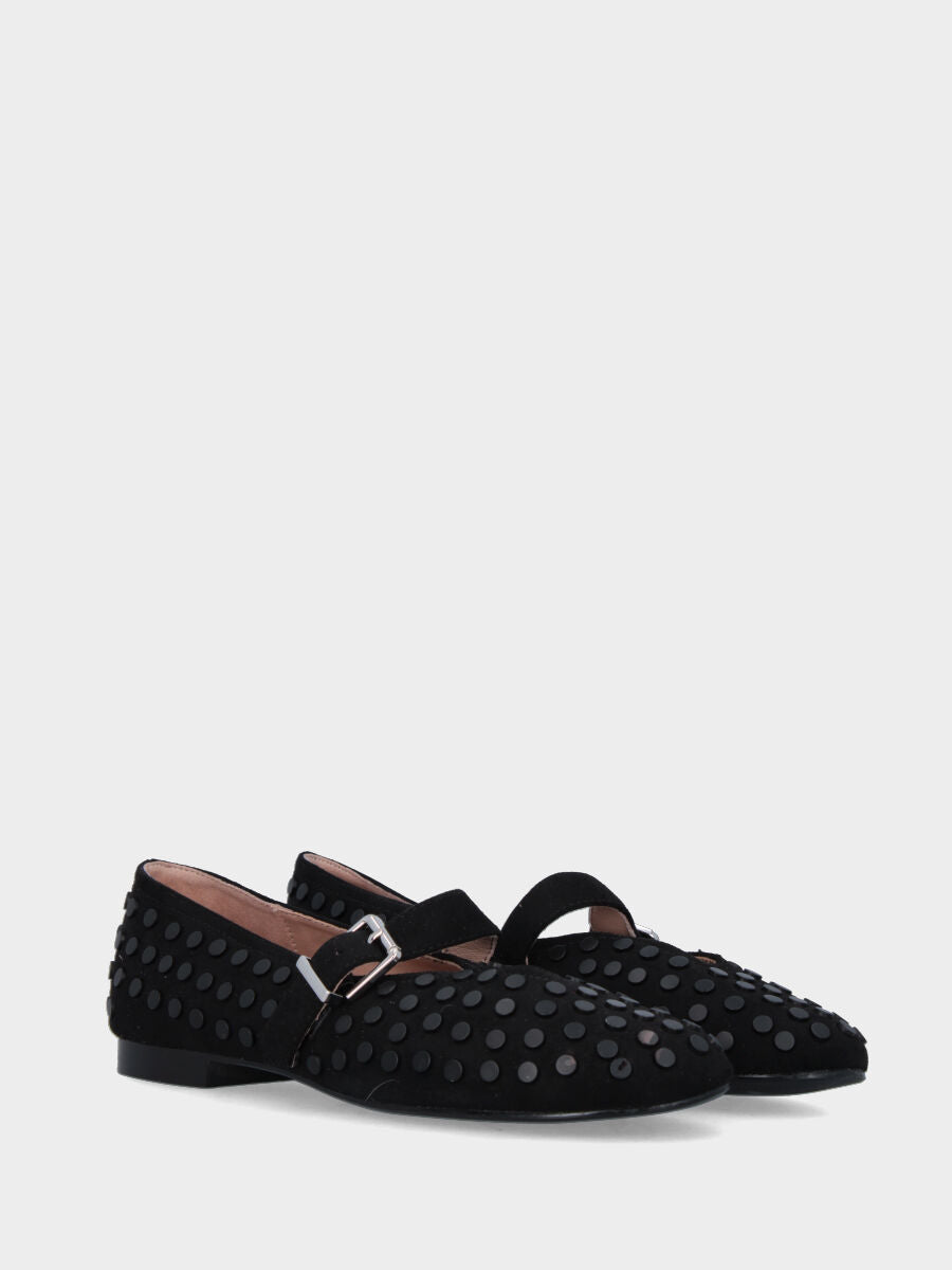 Ballerina Mary Jane in tessuto nero con borchie e scollo a Ypsilon