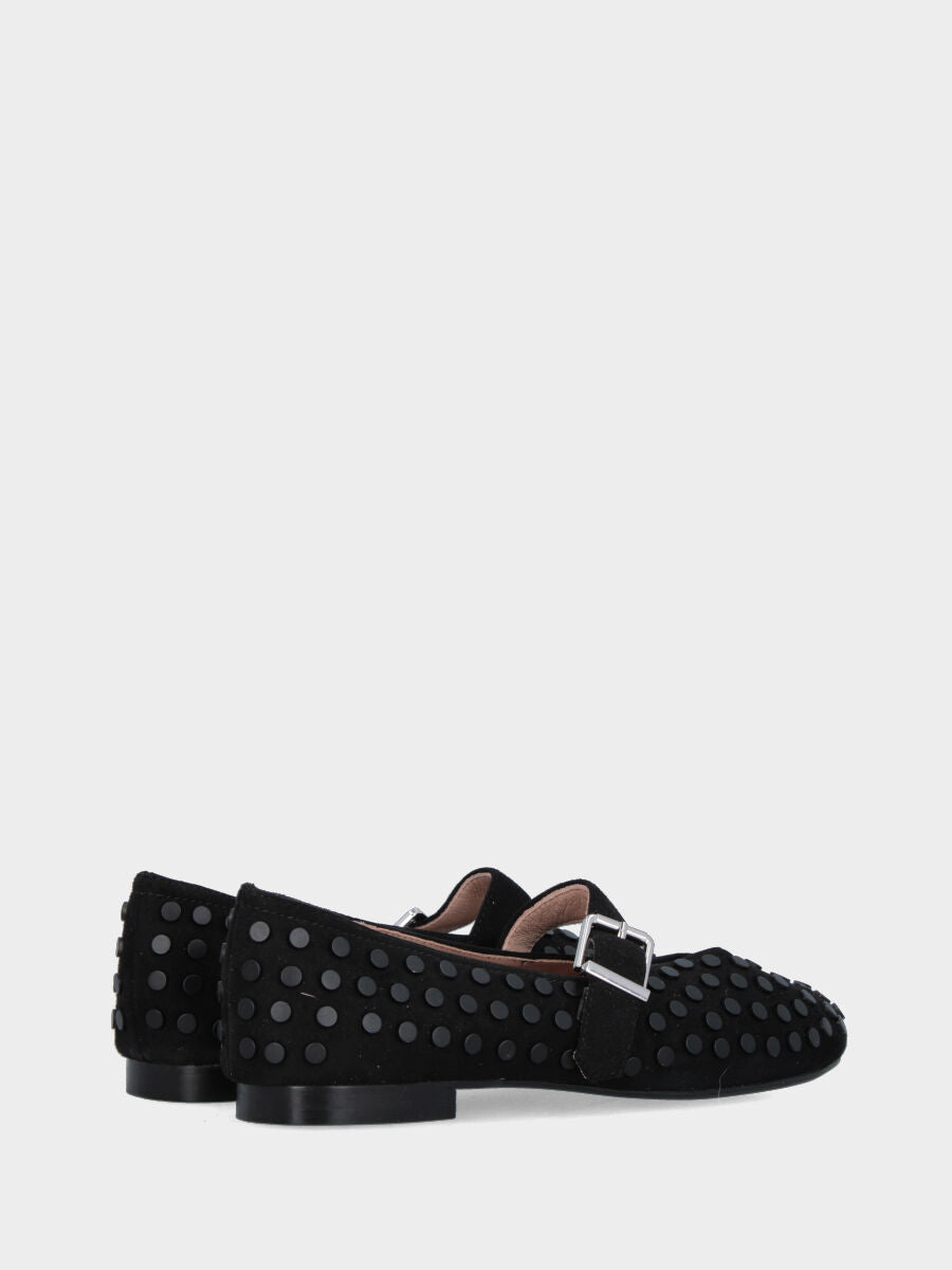 Ballerina Mary Jane in tessuto nero con borchie e scollo a Ypsilon