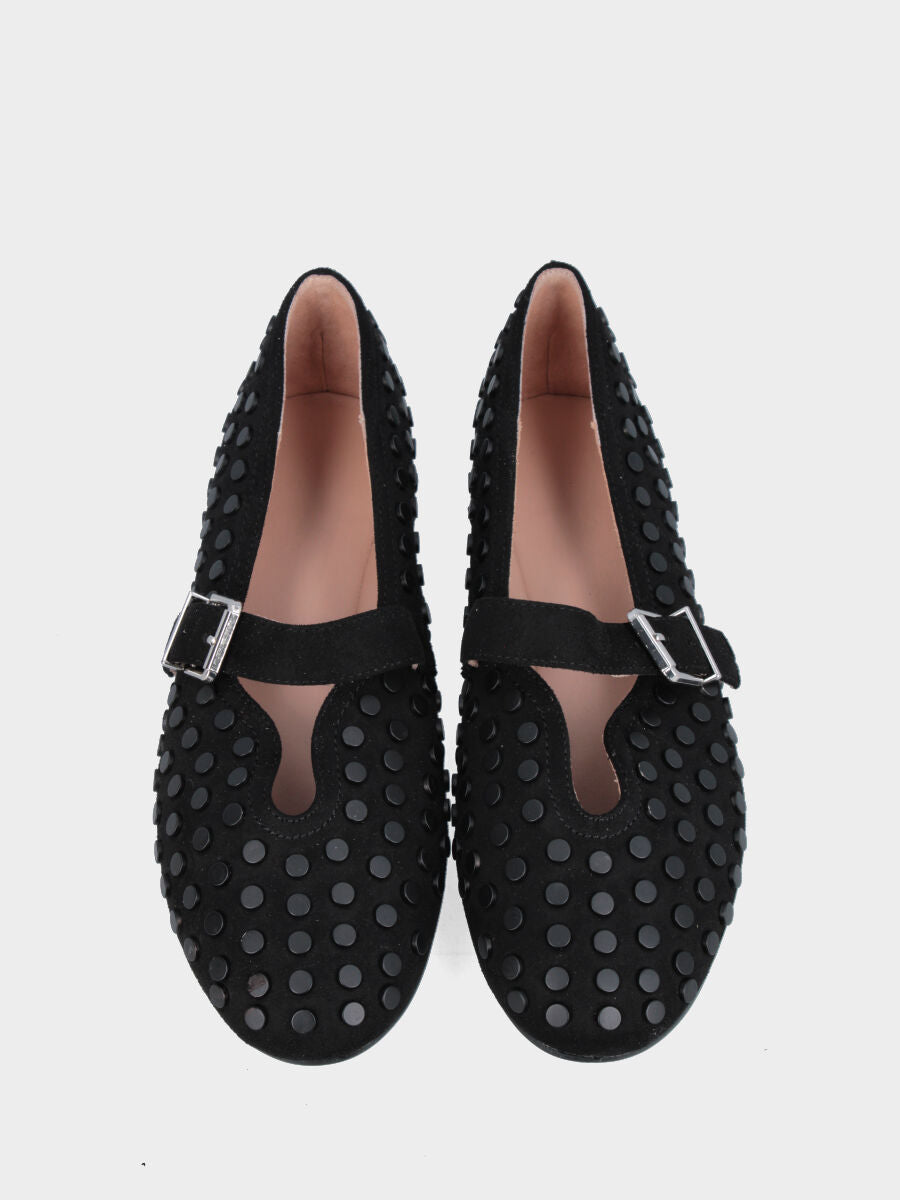 Ballerina Mary Jane in tessuto nero con borchie e scollo a Ypsilon