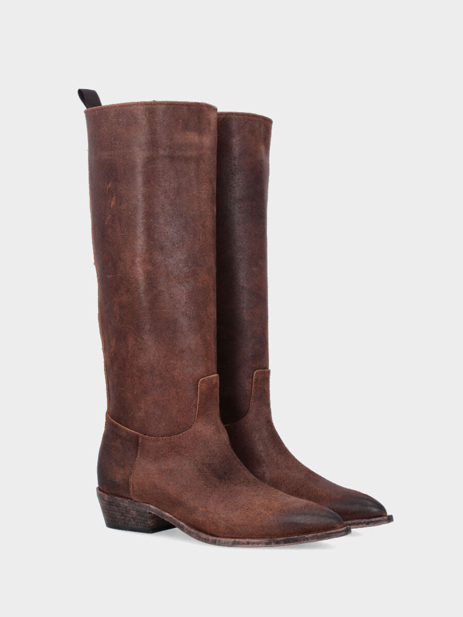 Camperos a stivale in vitello testa di moro con tacco largo fasciato cuoio