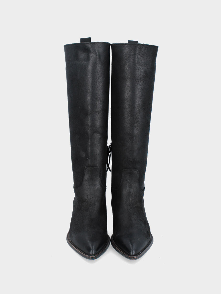 Camperos a stivale in vitello nero con tacco largo fasciato cuoio