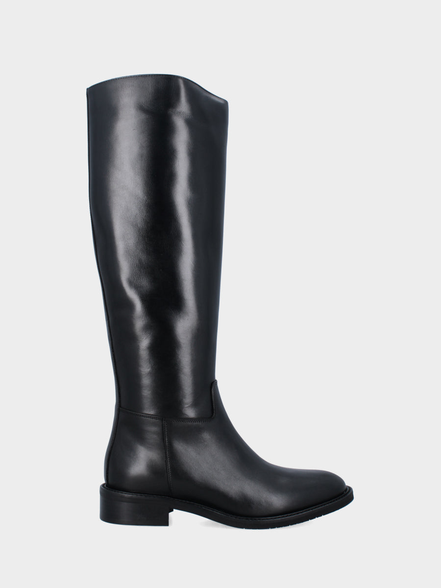 Black calfskin riding-style boot with low heel and round toe