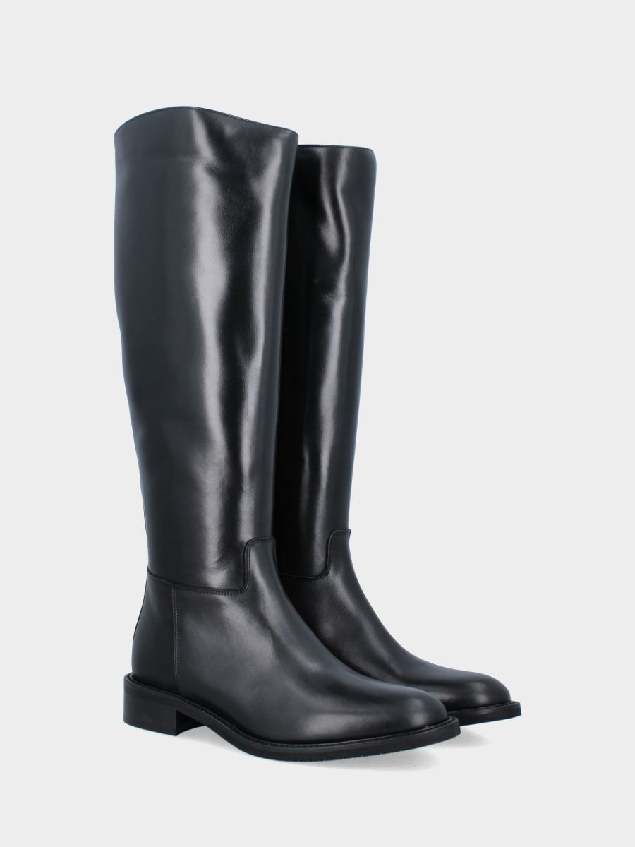 Black calfskin riding-style boot with low heel and round toe