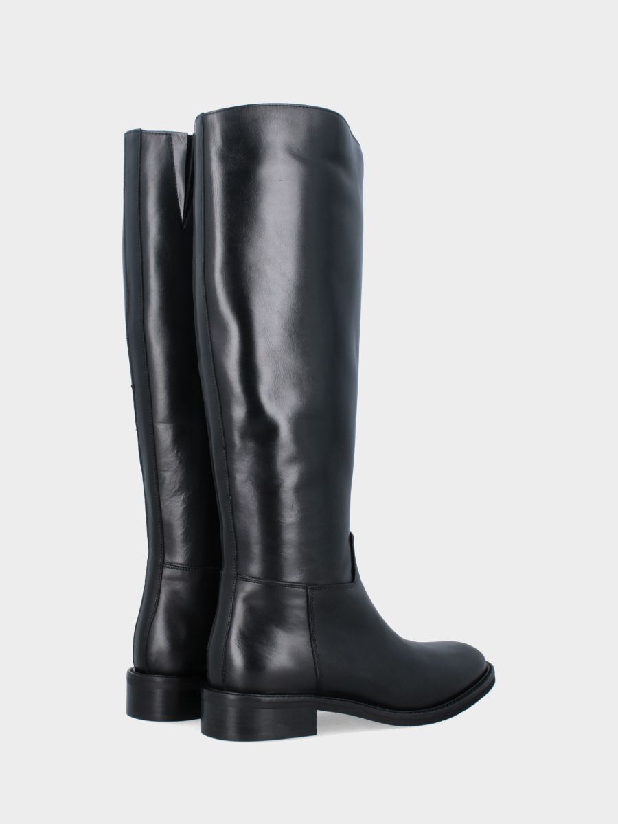 Black calfskin riding-style boot with low heel and round toe
