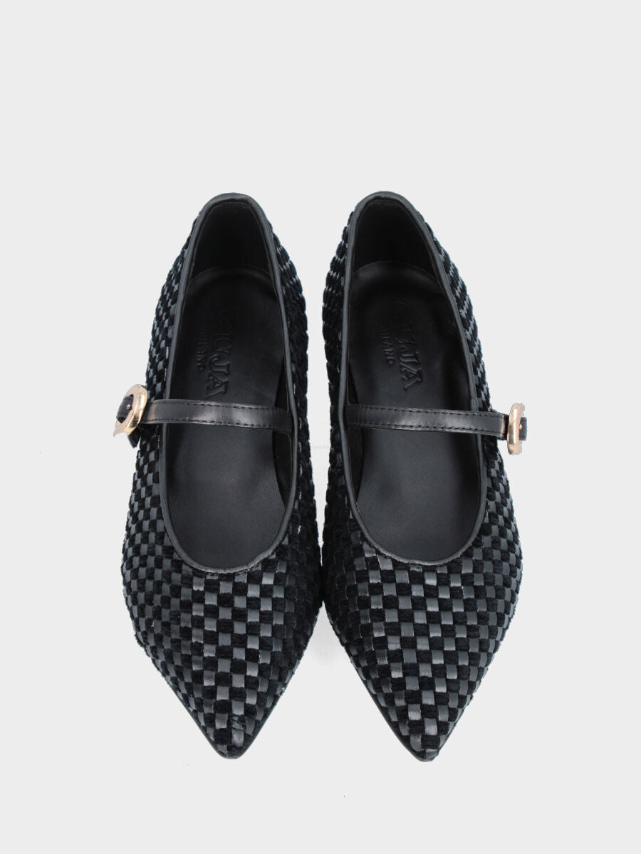 Ballerina Mary Jane in nappa nera con intreccio e tacco basso