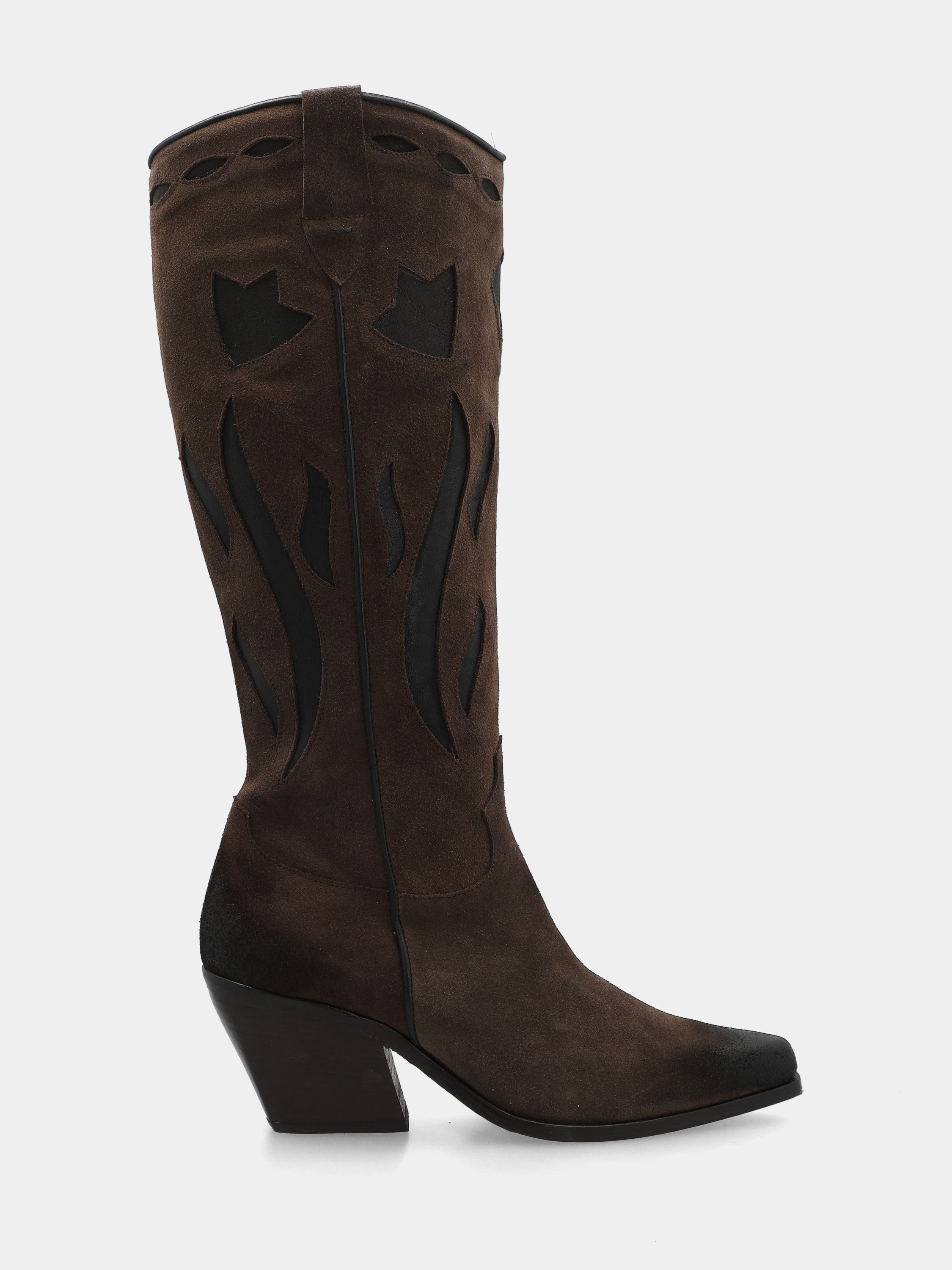 Bottes western à bottes en velours marron foncé avec tige mi-flammée