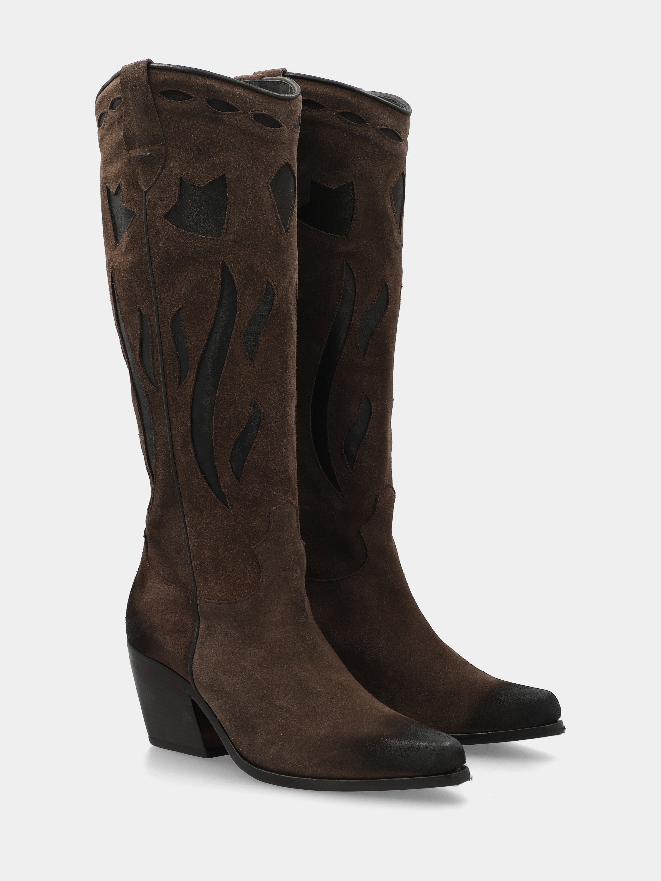 Bottes western à bottes en velours marron foncé avec tige mi-flammée
