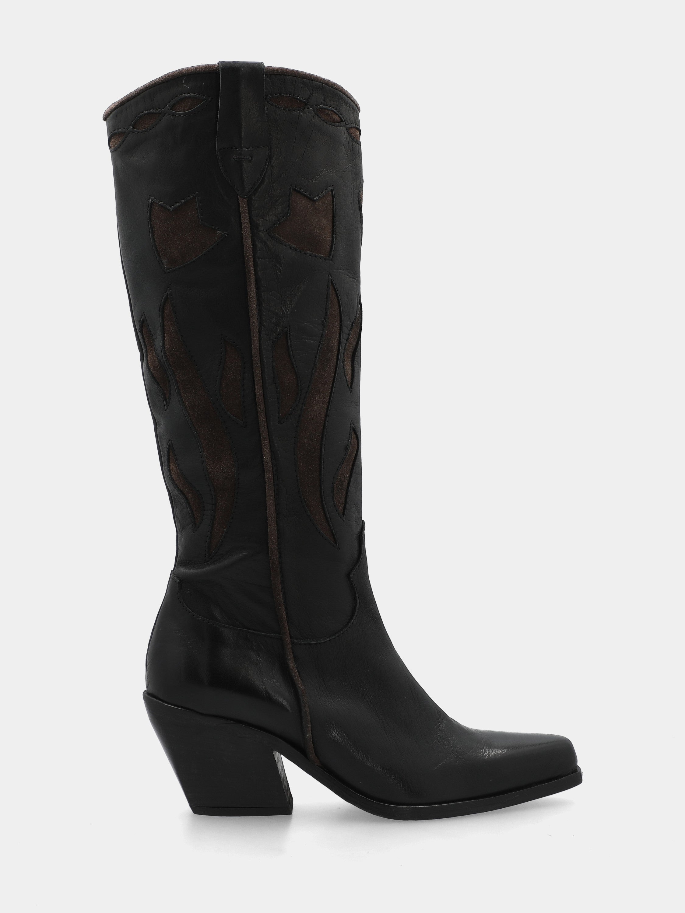 Bottes western en veau noir avec tige flammée et talon 65mm