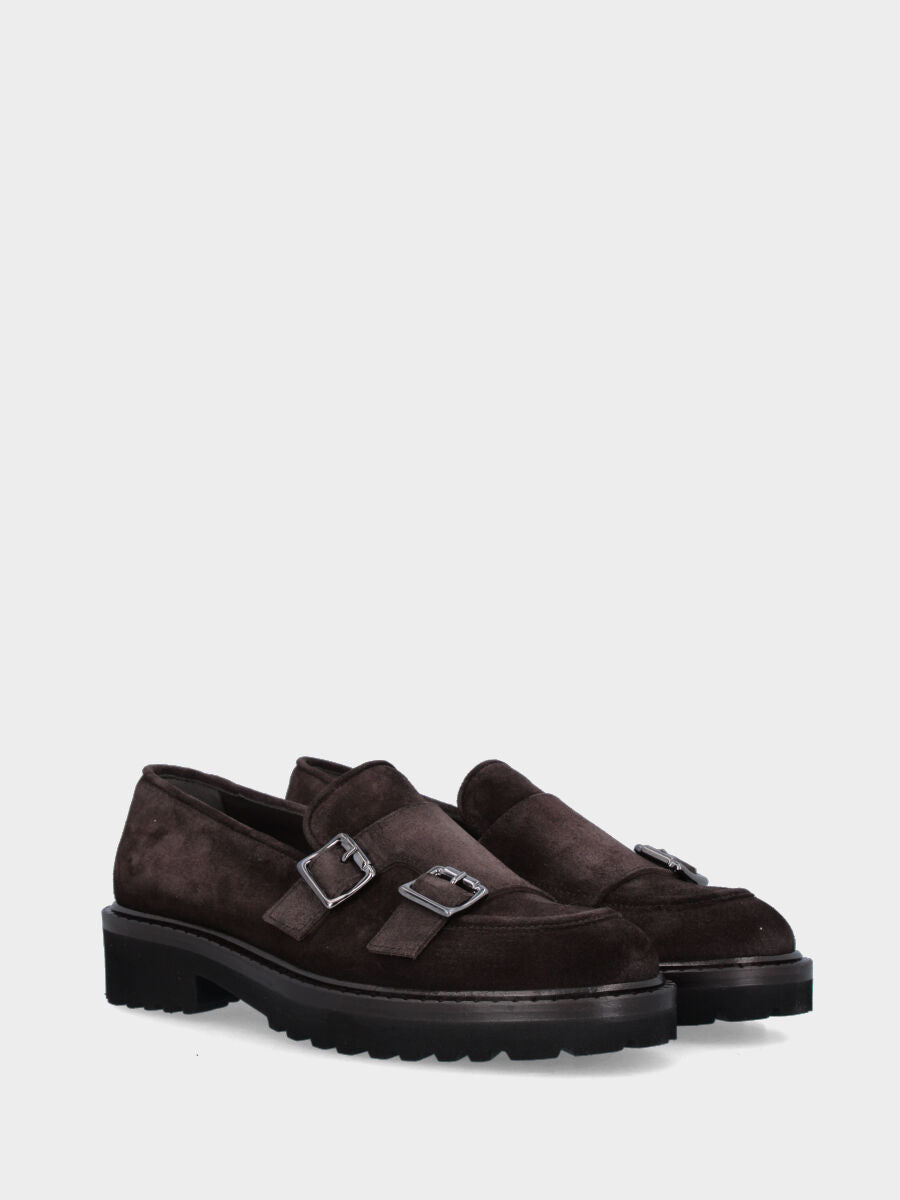 Mocassin en suède marron foncé avec doubles sangles et semelle crantée