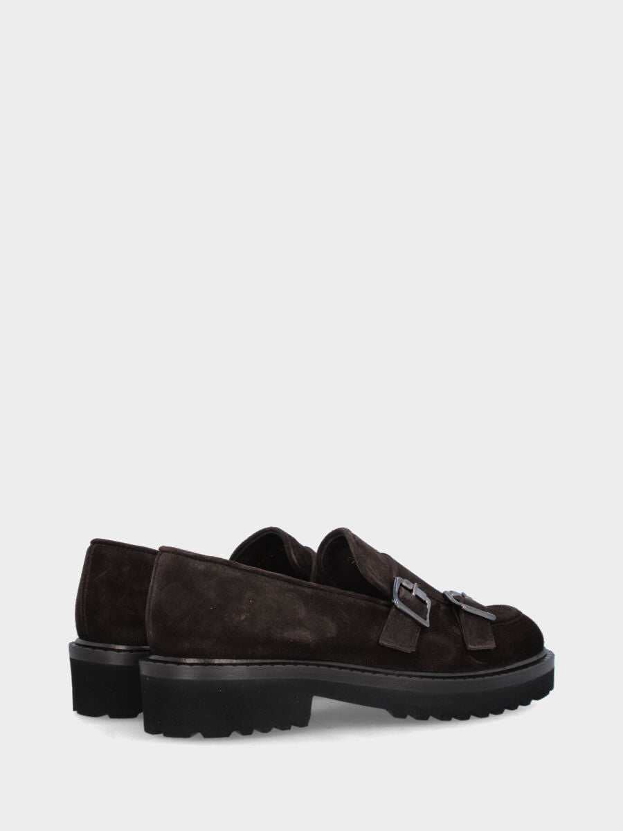 Mocassin en suède marron foncé avec doubles sangles et semelle crantée