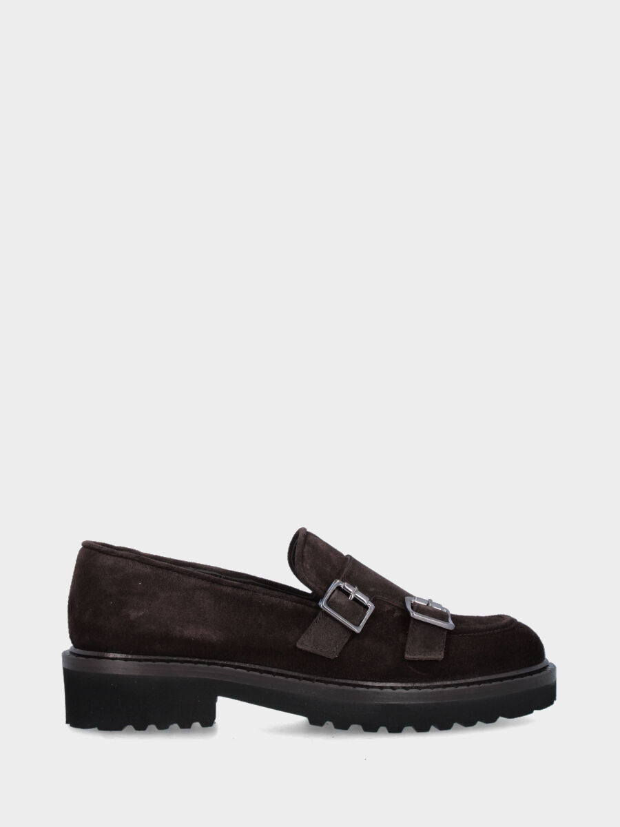 Mocassin en suède marron foncé avec doubles sangles et semelle crantée