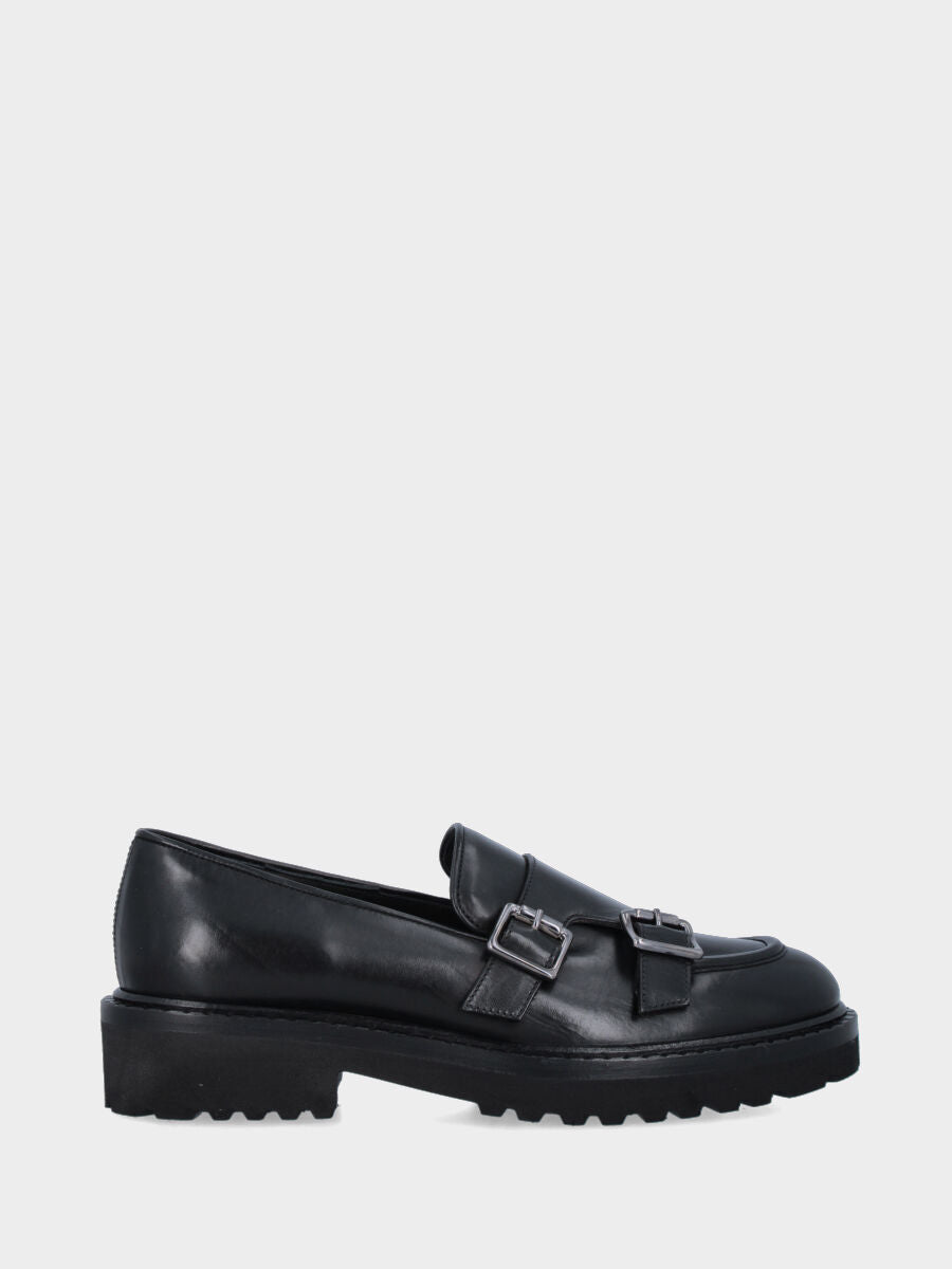 Mocassin en veau noir avec doubles sangles et semelle crantée