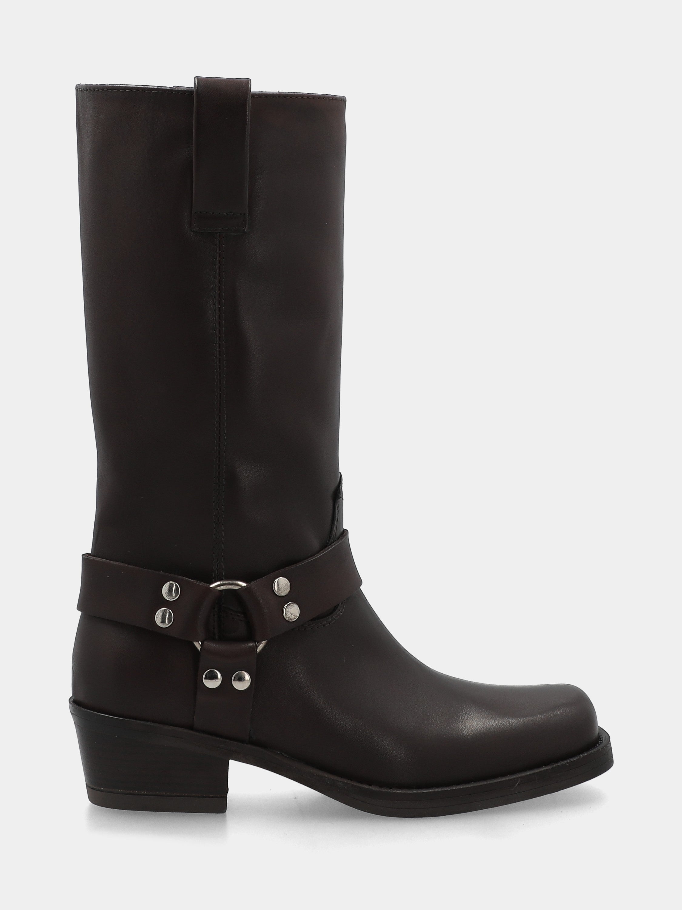 Bottes western en veau marron foncé avec bout carré et boucles