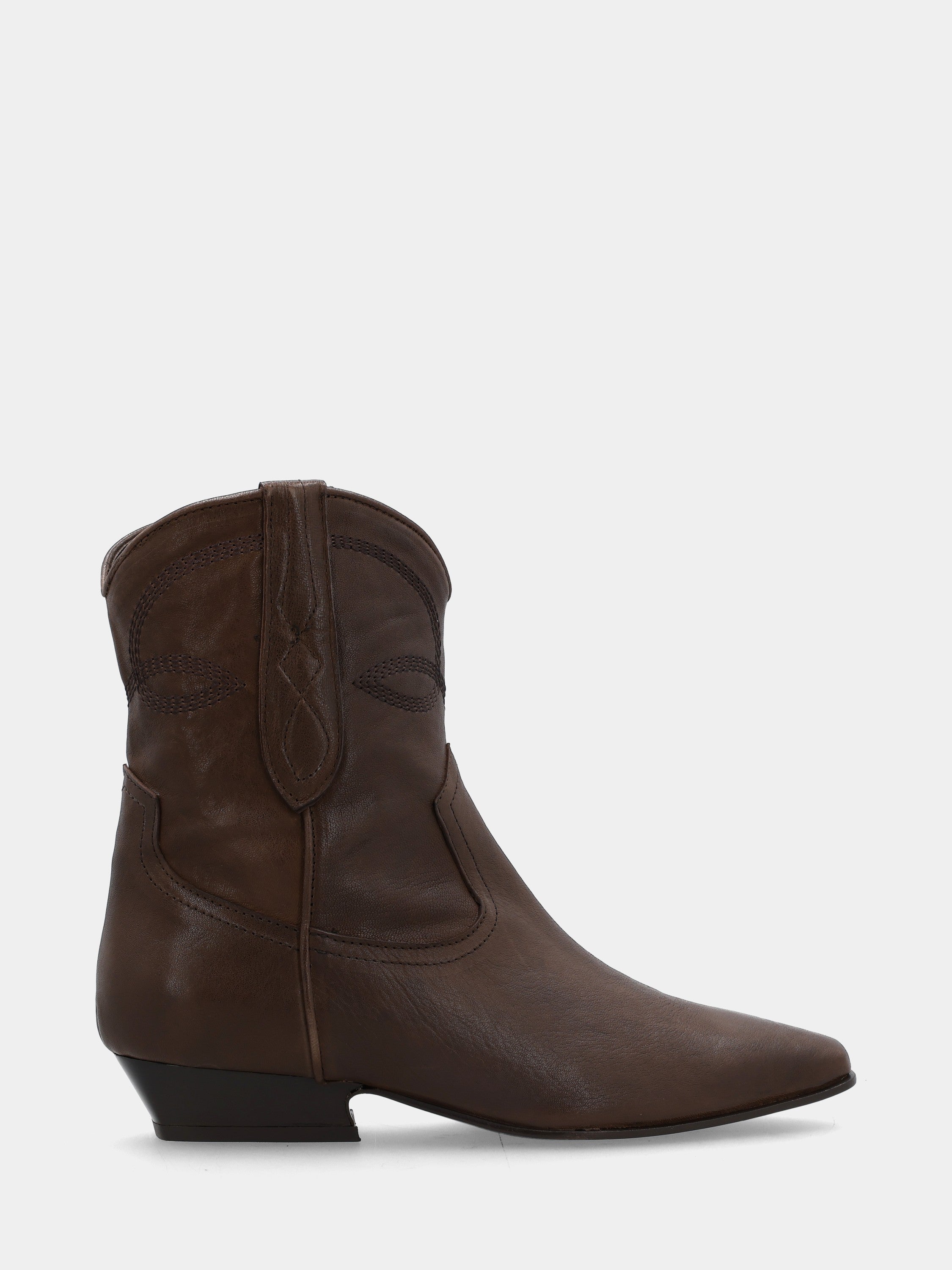 Bottines western en veau marron avec surpiqûres et tirettes