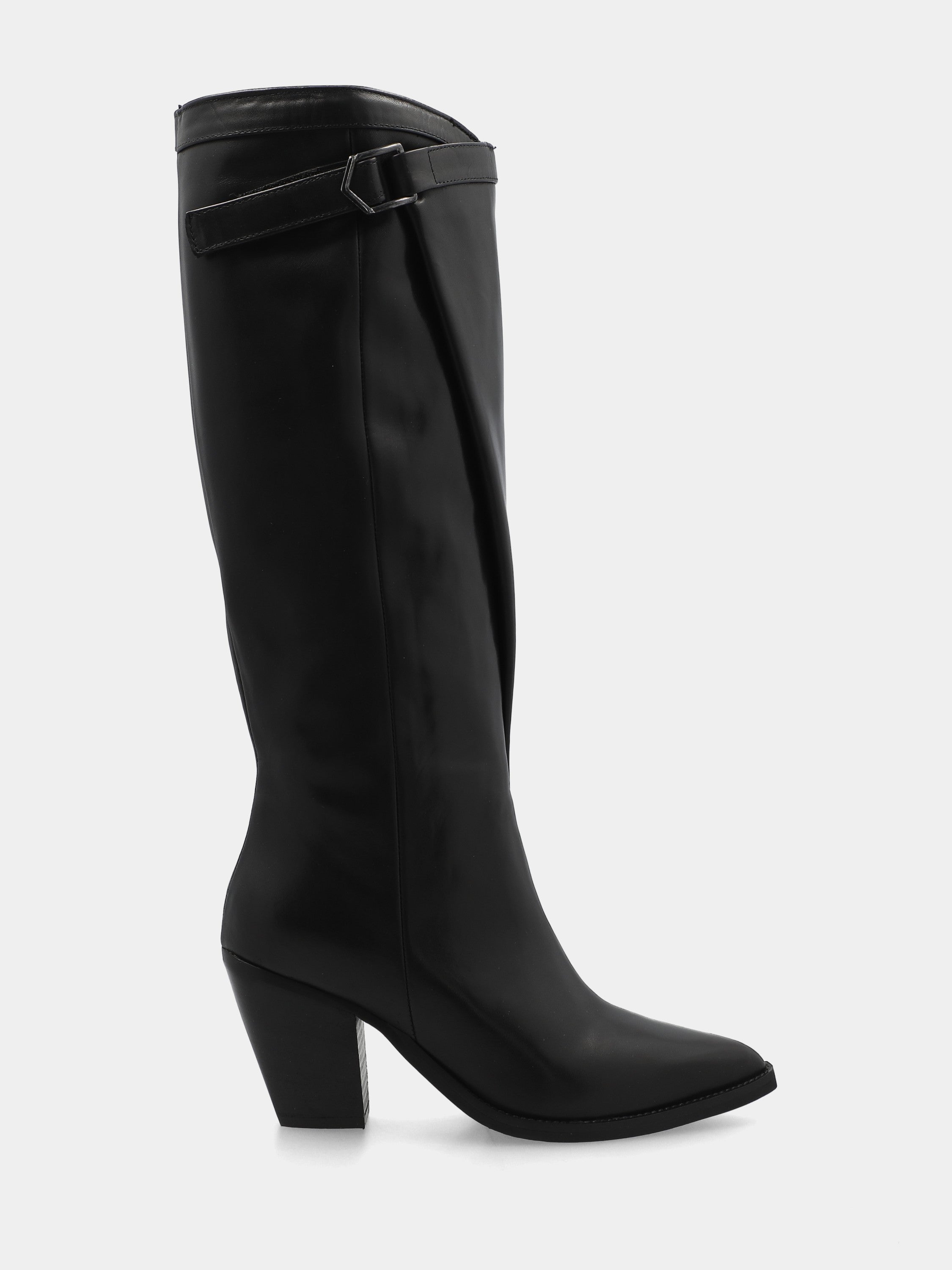 Stivale in vitello nero con ripiegatura e cinturino su tacco 85mm