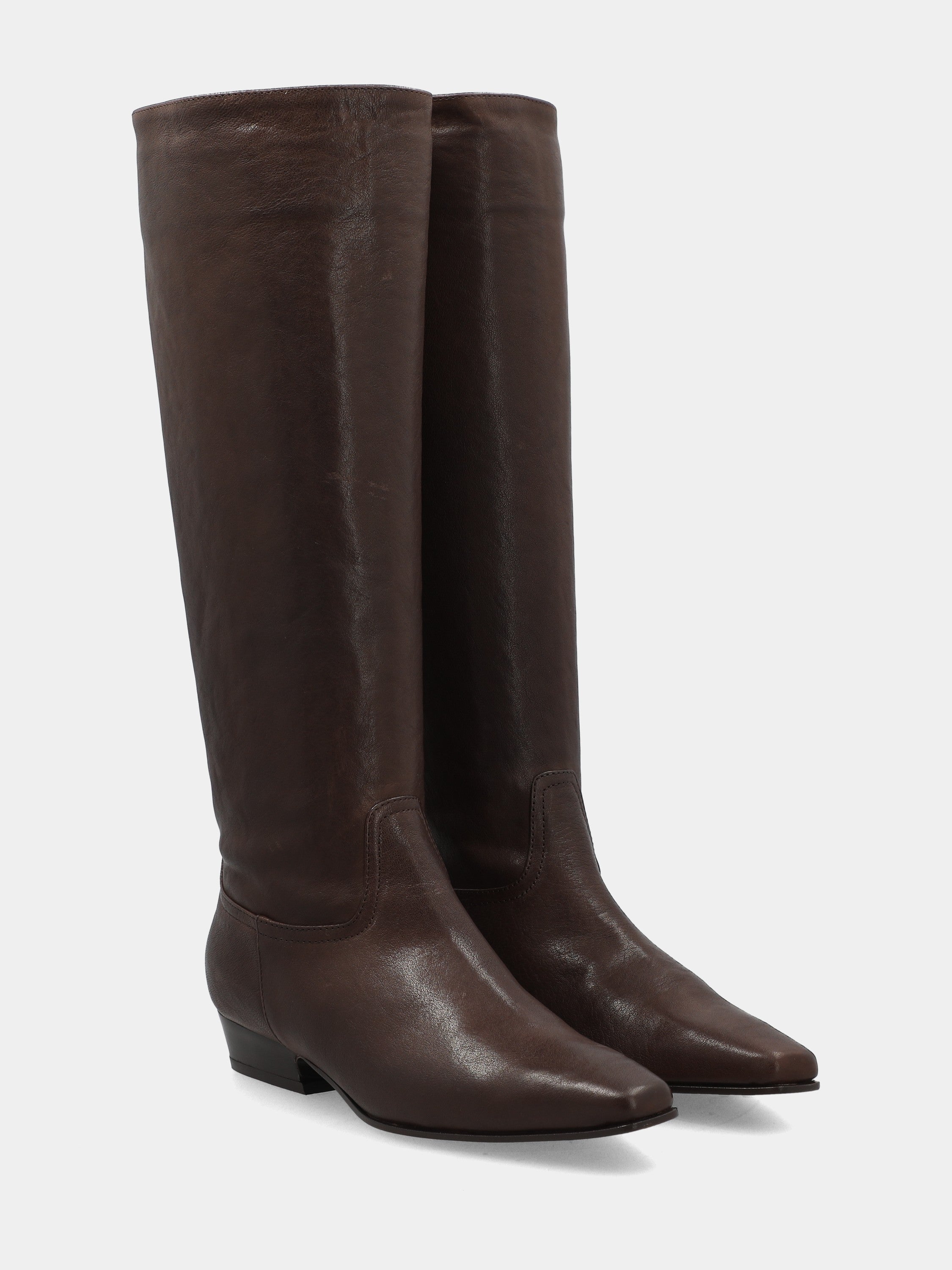 Bottes western en veau marron avec tige tubulaire et talon en queue