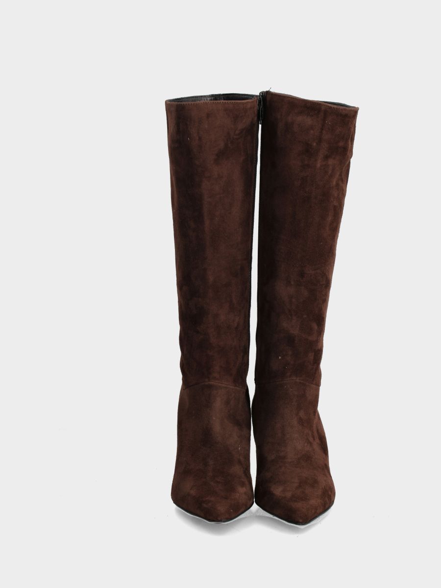Botte en suède marron foncé avec talon creux en forme de queue