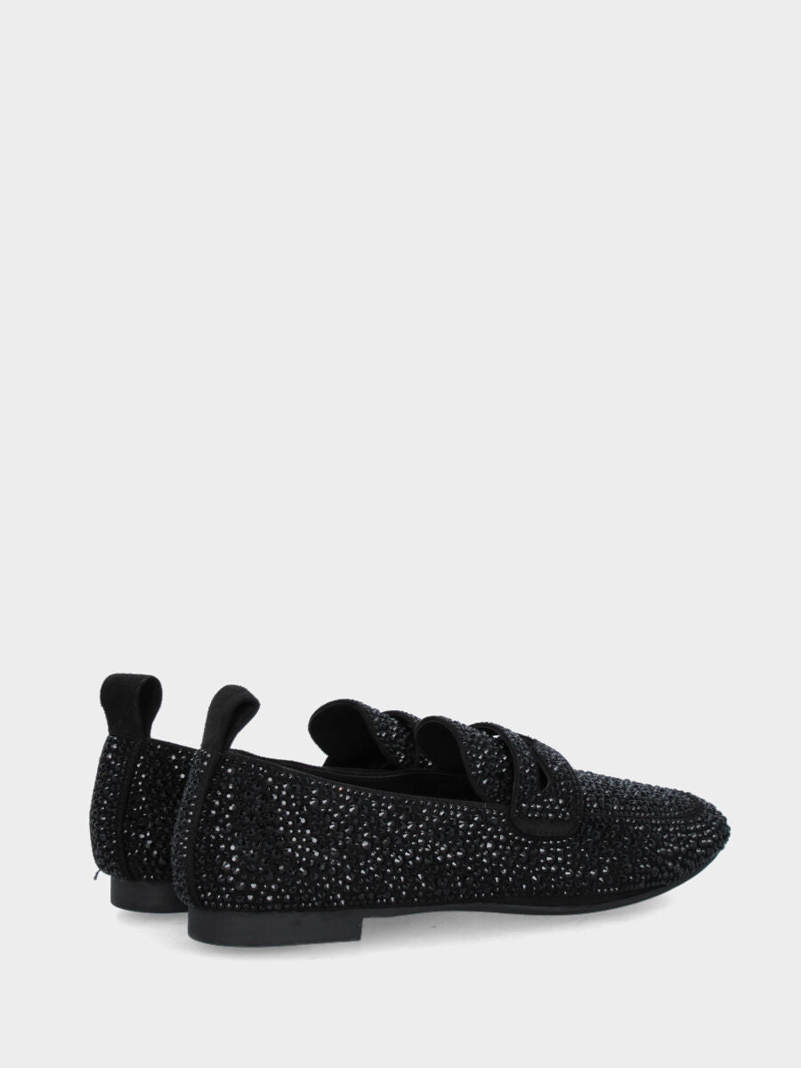 Mocassino in camoscio nero con strass e lavorazione a sacchetto