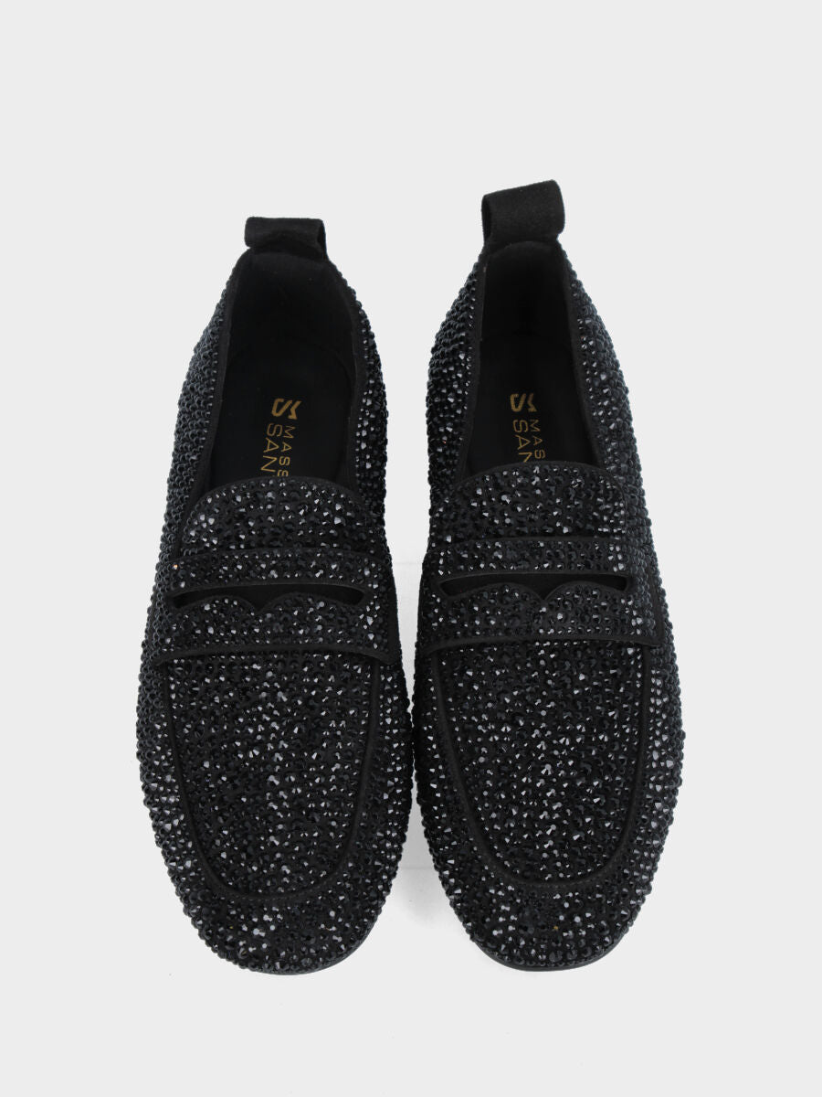 Mocassino in camoscio nero con strass e lavorazione a sacchetto