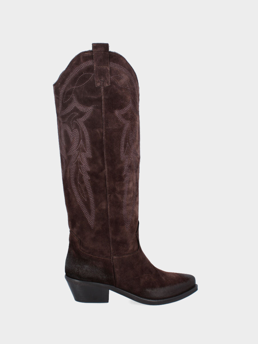 Camperos in velour testa di moro con ricami sul gambale a tubo