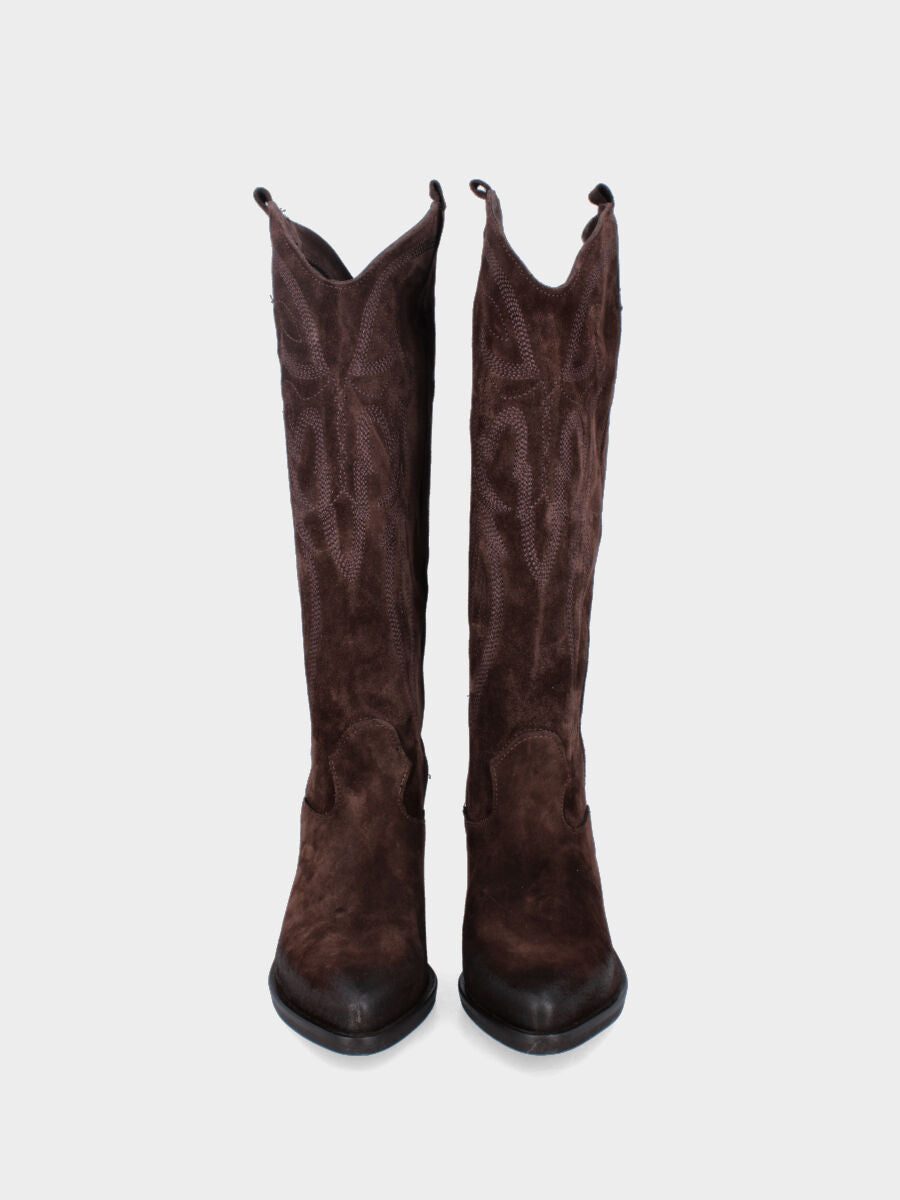 Camperos in velour testa di moro con ricami sul gambale a tubo