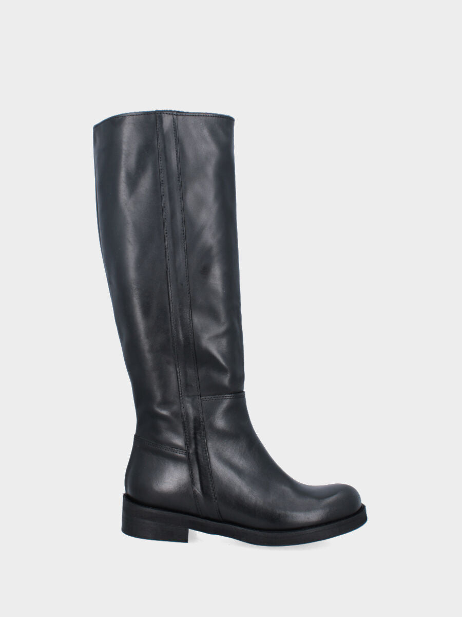 Stivale in vitello nero con fascetta laterale e tiranti in tessuto