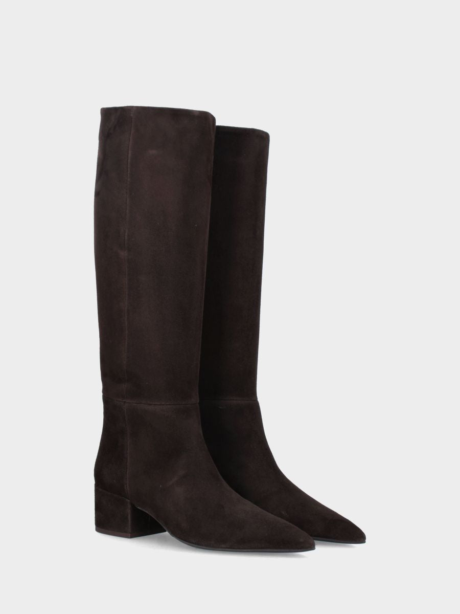 Botte haute en suède marron foncé avec talon large