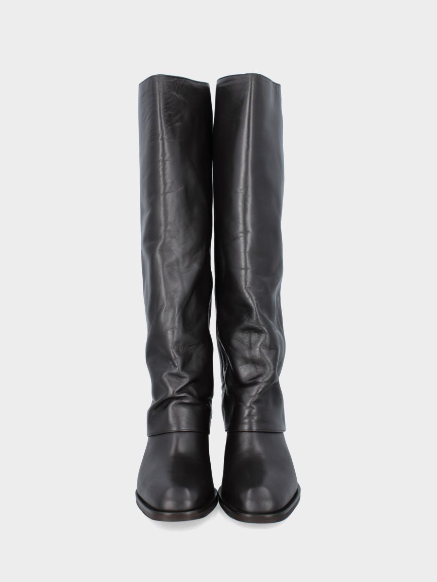 Bottine tube en cuir de veau marron foncé avec guêtre retroussée et bout arrondi