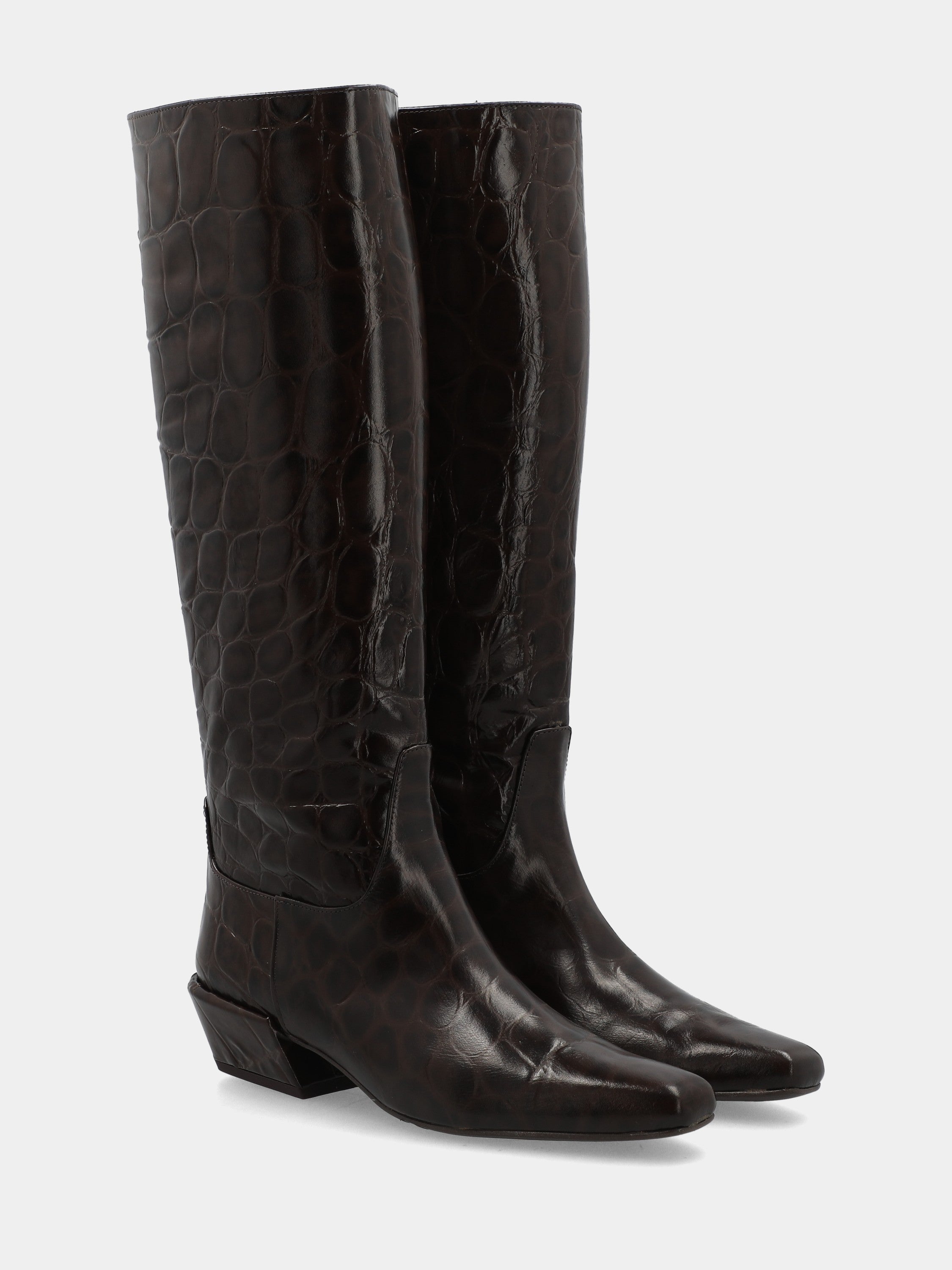 Stivale in vitello cocco testa di moro con tacco geometrico 30mm