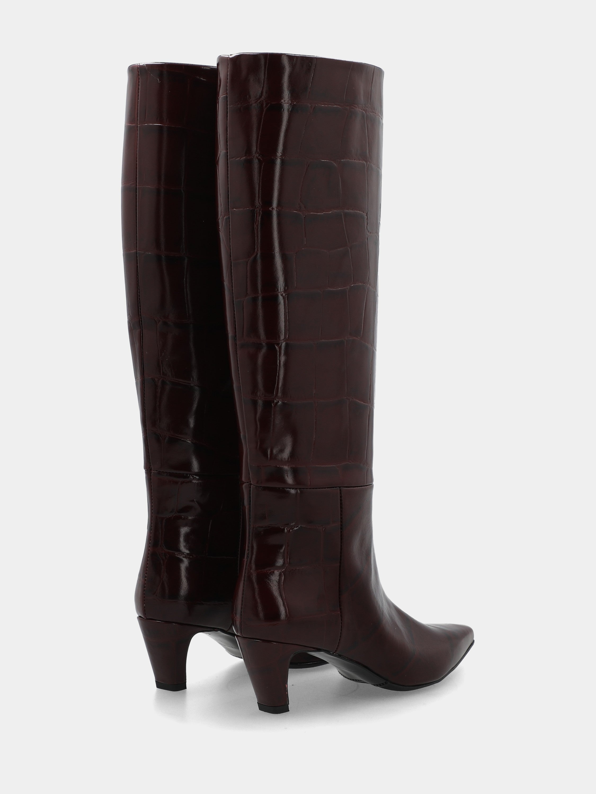 Burgundy calf leather tube boot with banana heel