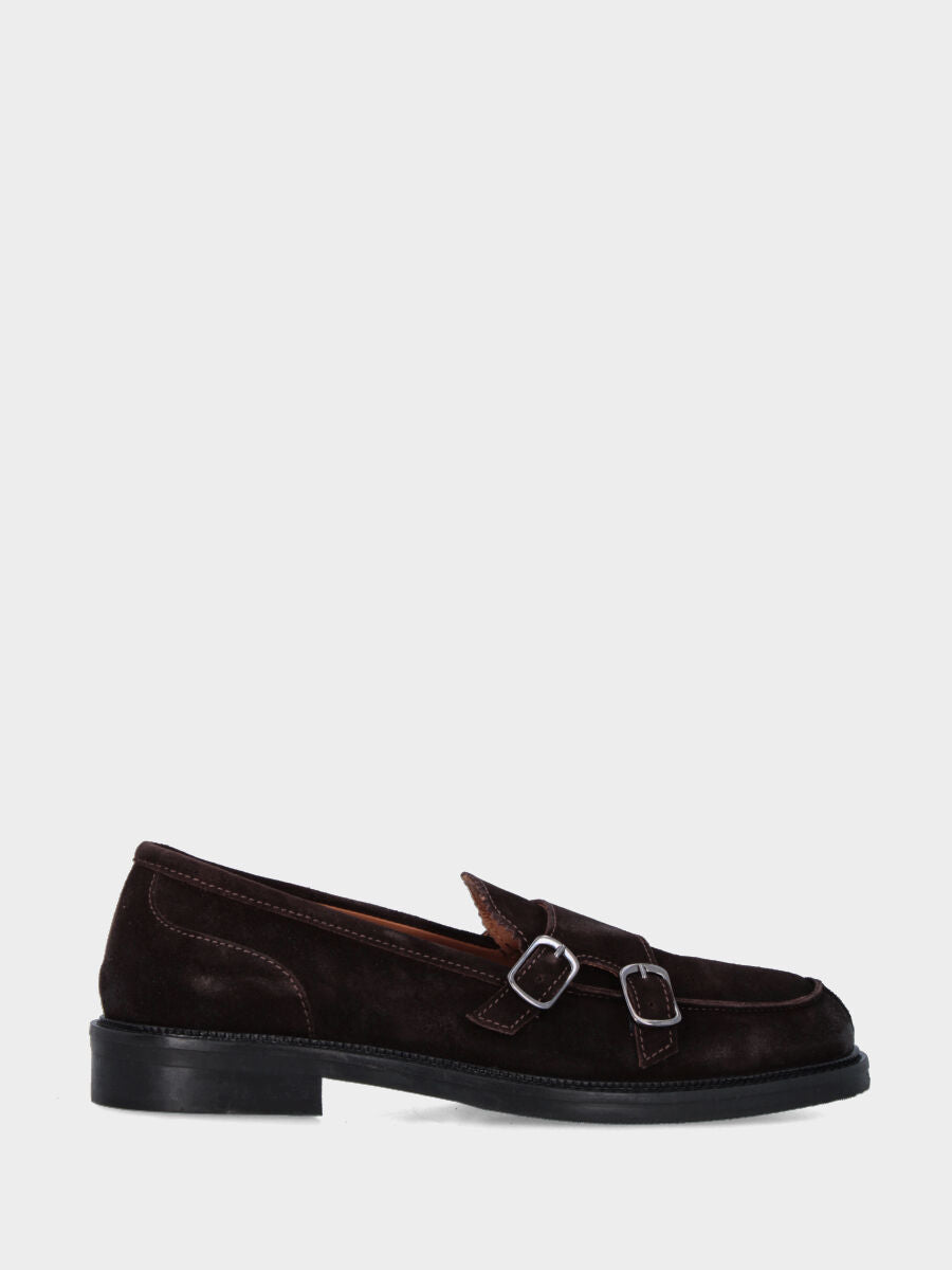 College moccasin in dark brown velour with double straps and buckles ...